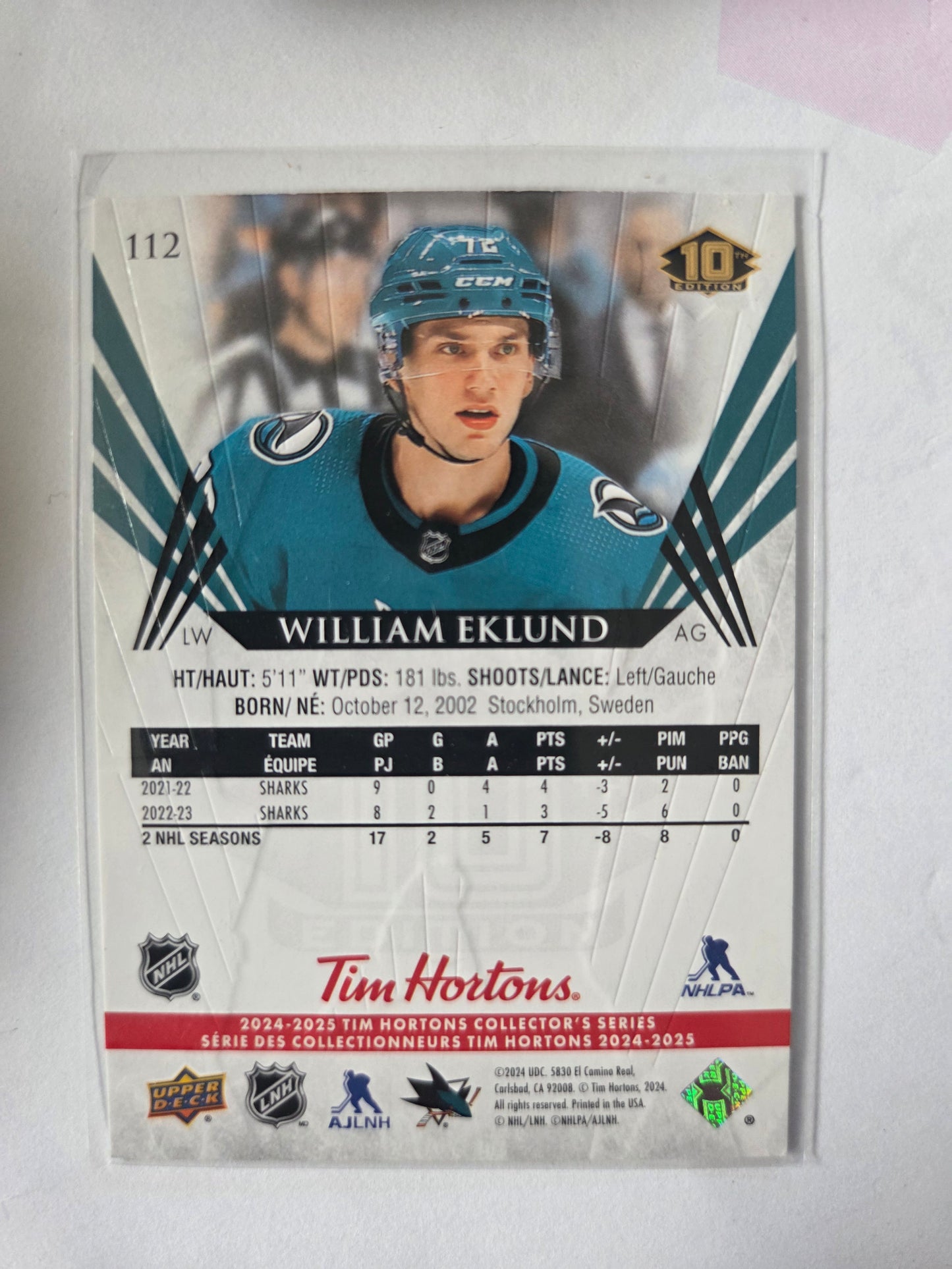William Eklund Upper Deck 10th Edition #112 [San Jose Sharks]