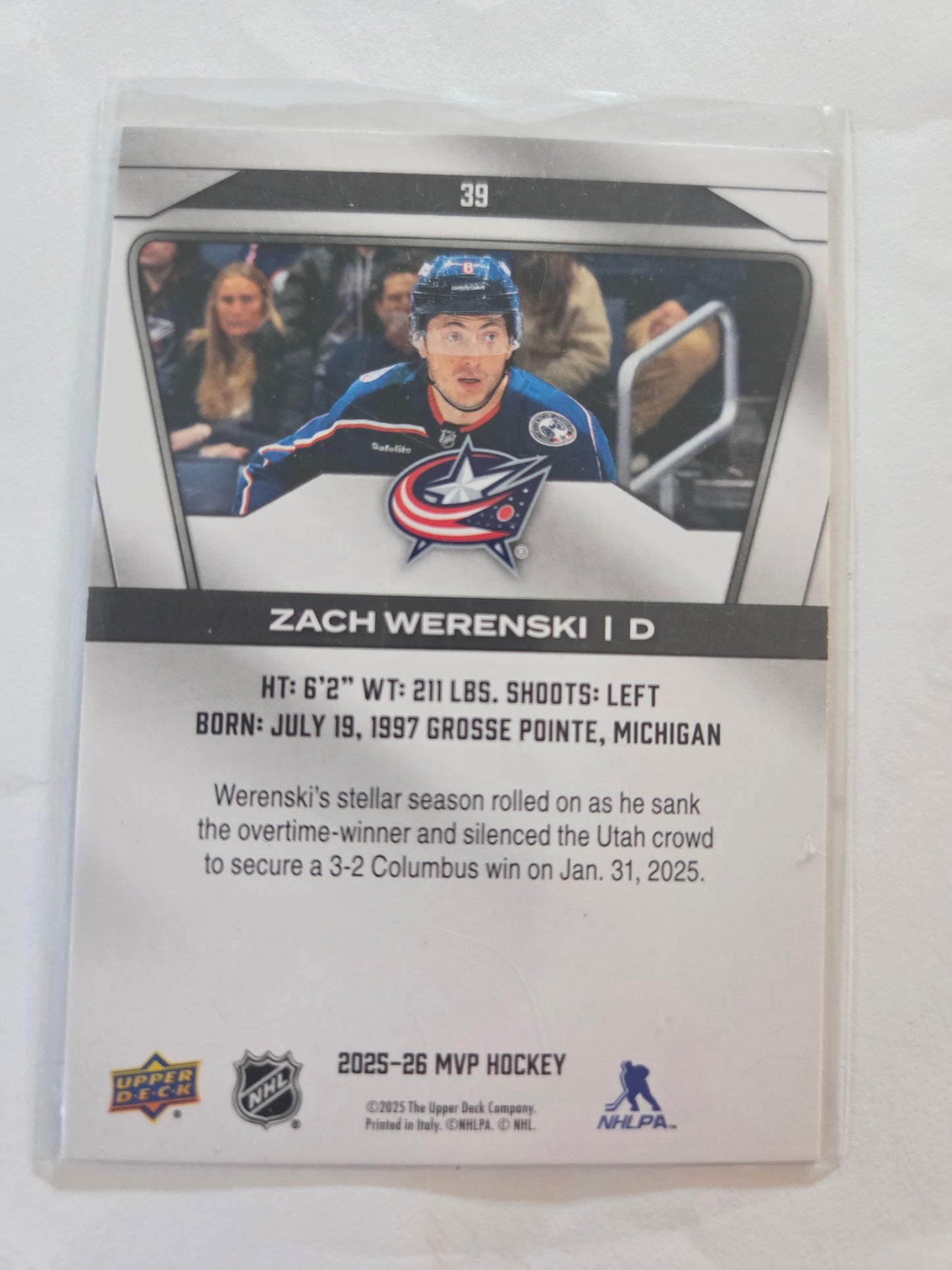 Zach Werenski Upper Deck MVP Hockey #39 [Columbus Blue Jackets]