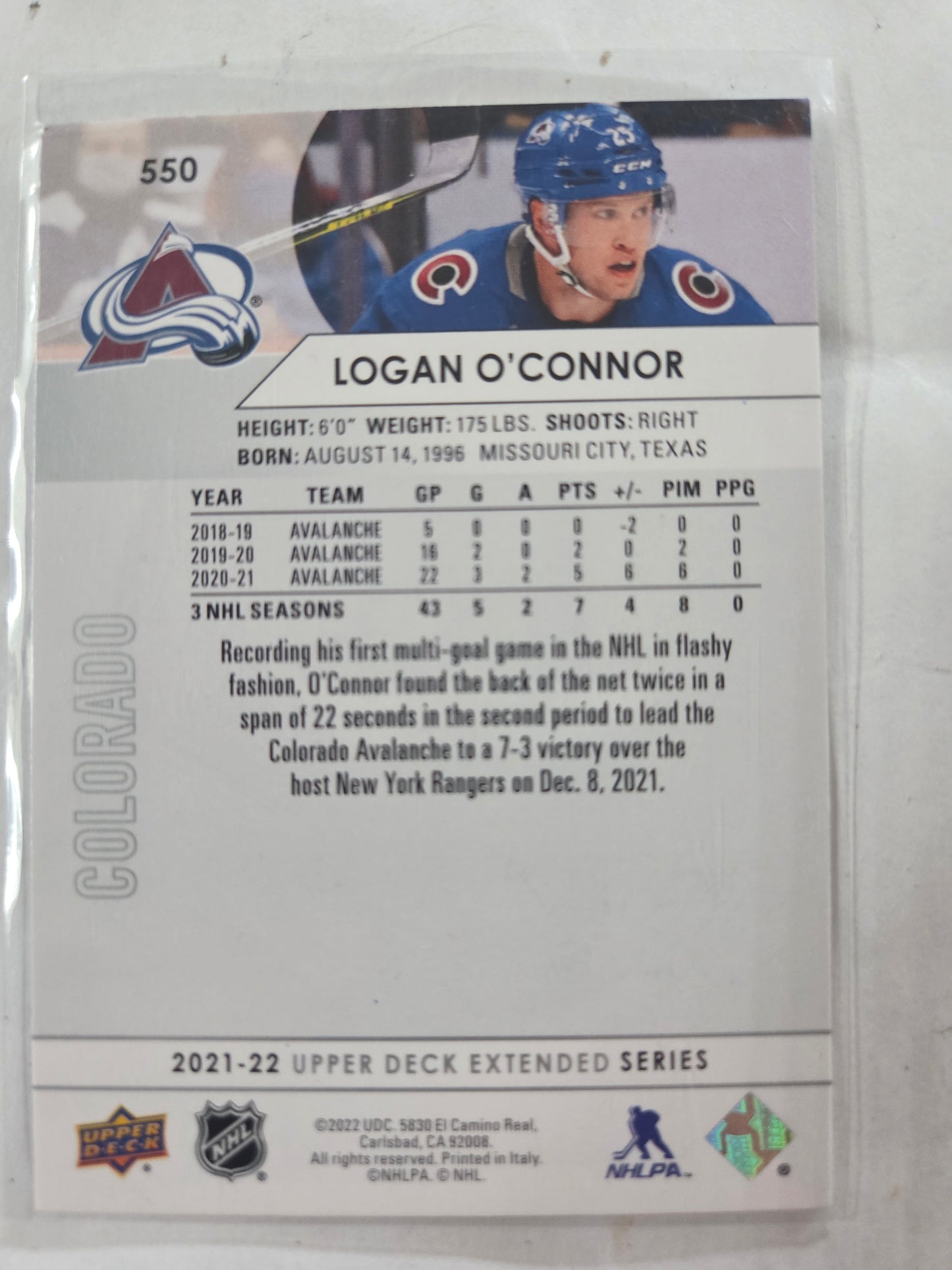 Logan O'Connor Upper Deck Extended Series #550 [Colorado Avalanche]