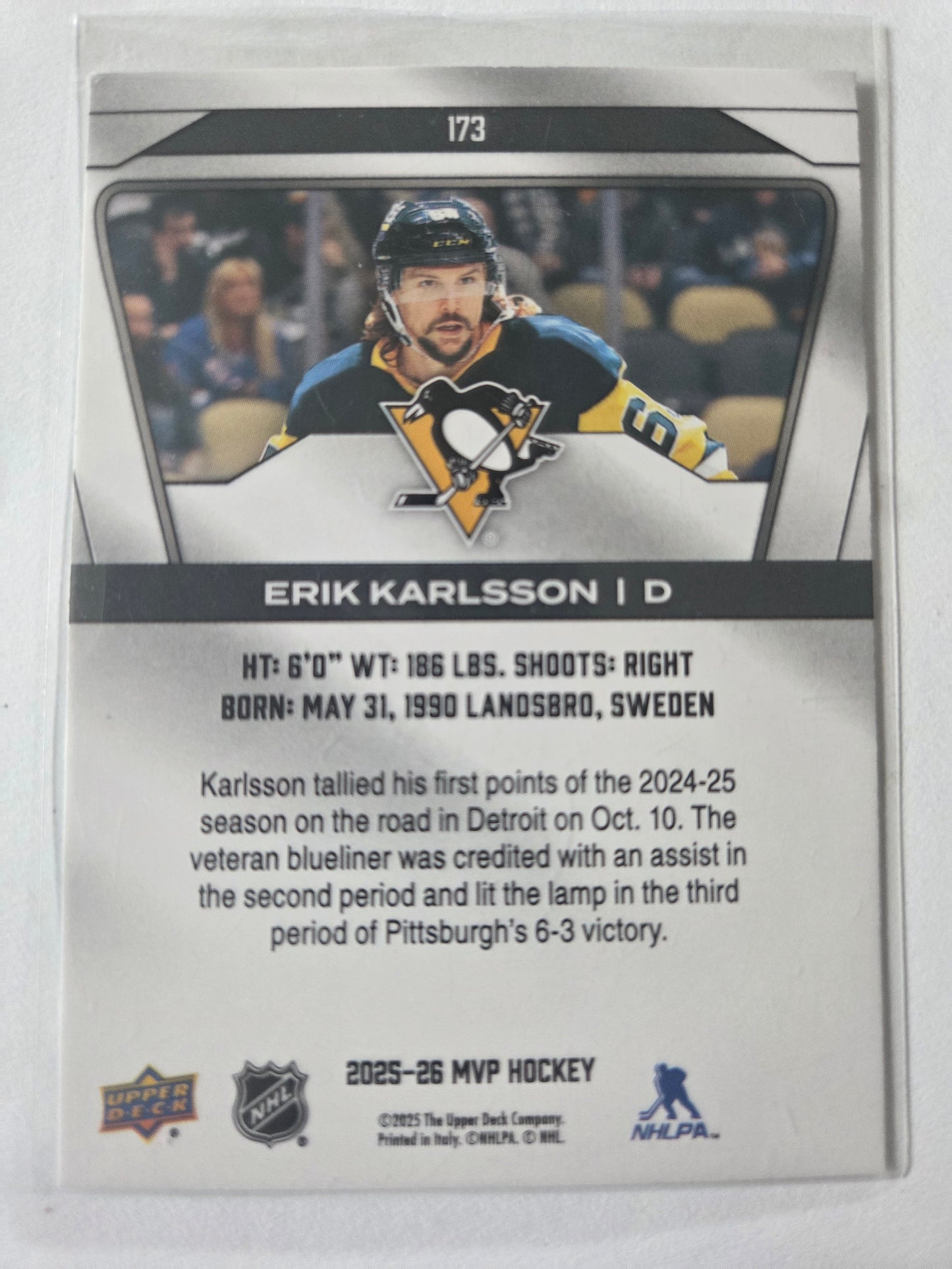 Erik Karlsson Upper Deck MVP Hockey #173 [Pittsburgh Penguins]