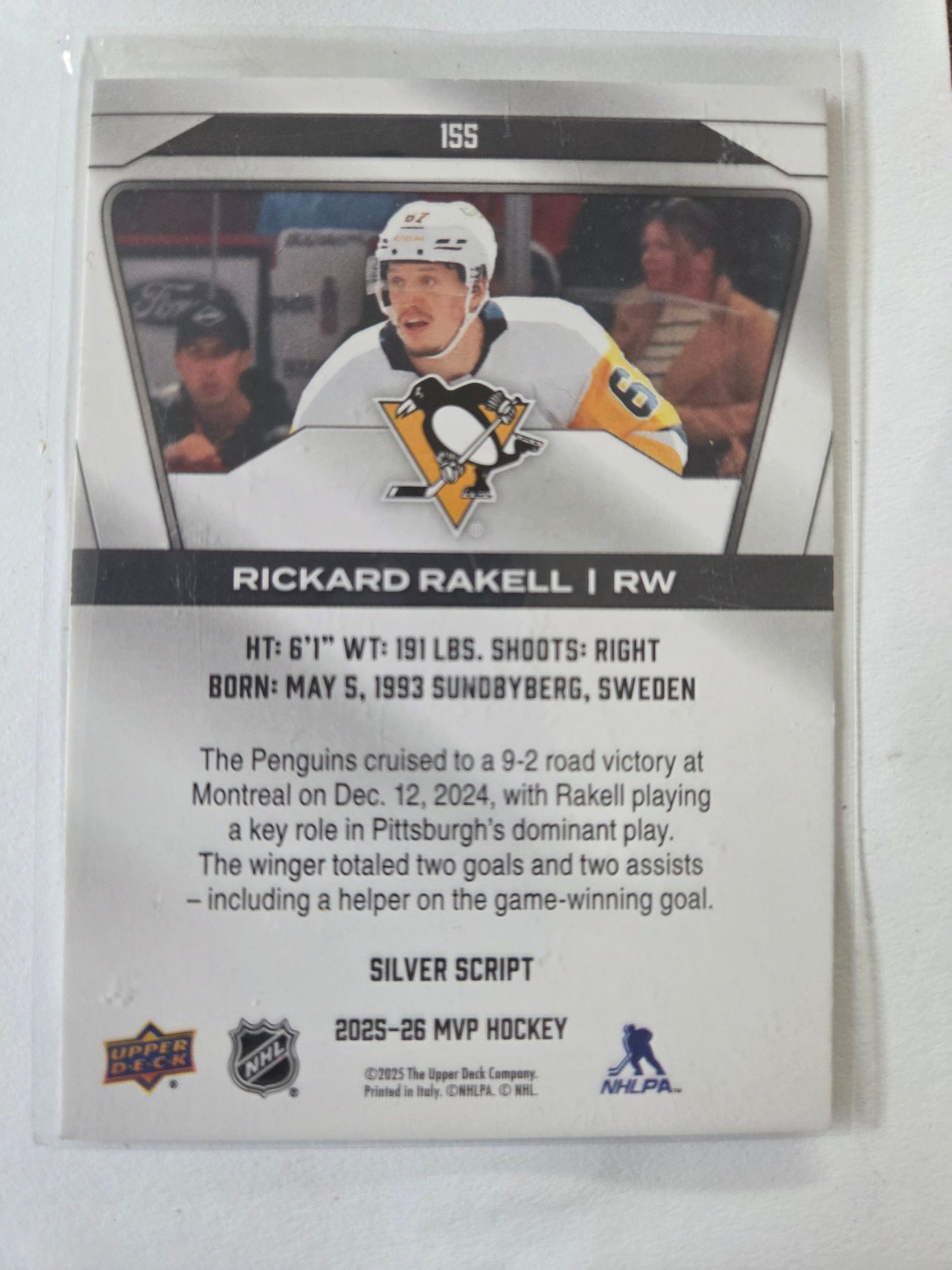 Rickard Rakell Upper Deck MVP Hockey Signed Silver Script #155 [Pittsburgh Penguins]