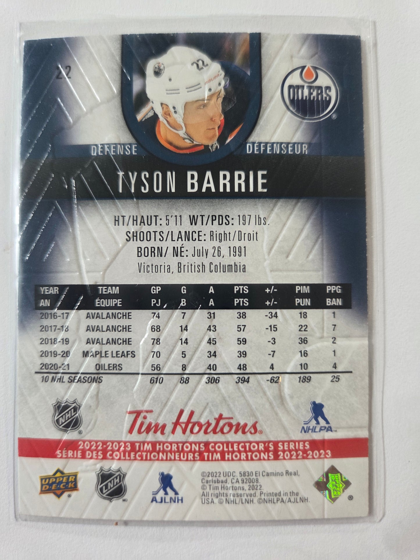 Tyson Barrie Upper Deck Tim Hortons #22 [Edmonton Oilers]