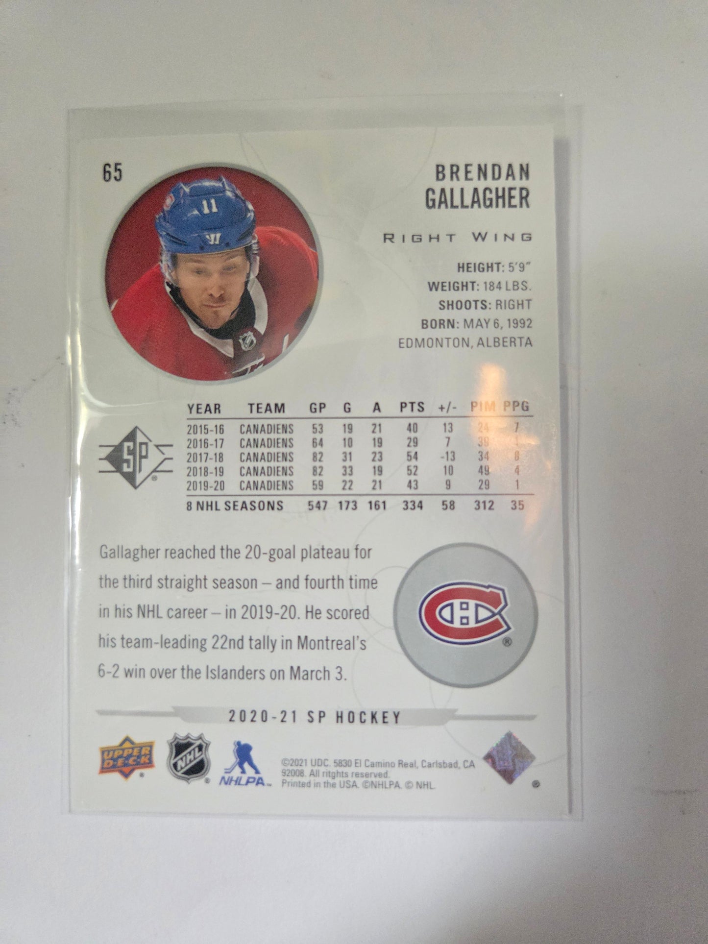 Brendan Gallagher SP Hockey #65 [Montreal Canadians]