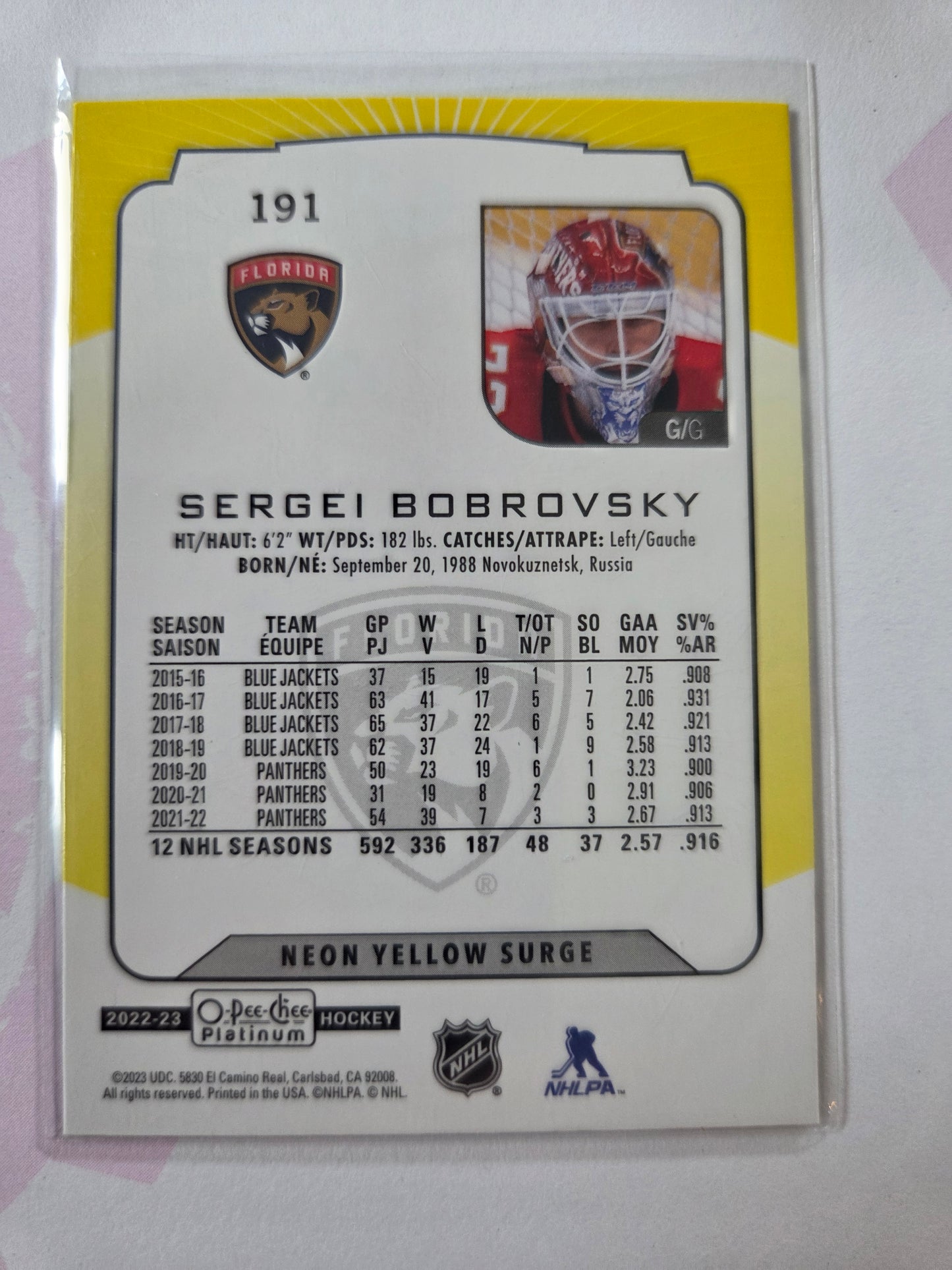Sergei Bobrovsky Neon Yellow Surge O-Pee-Chee Platinum Hockey #191 [Florida Panthers]