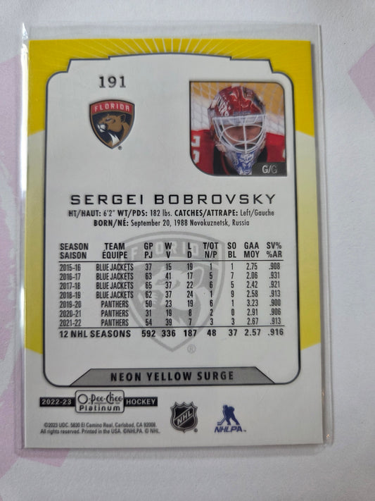 Sergei Bobrovsky Neon Yellow Surge O-Pee-Chee Platinum Hockey #191 [Florida Panthers]
