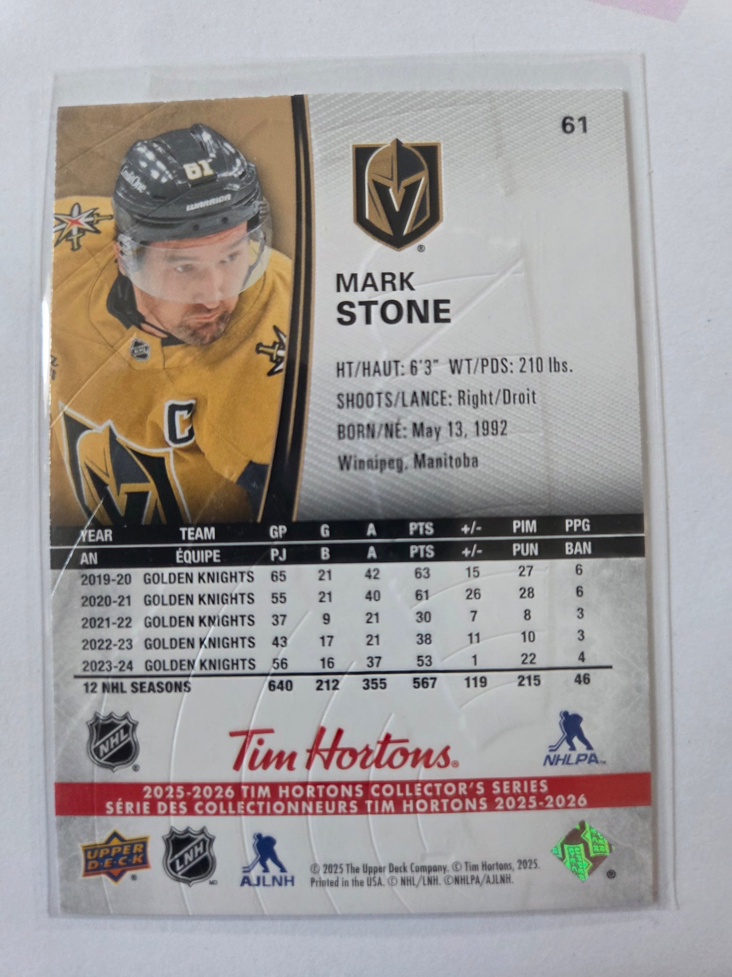 Mark Stone Upper Deck Tim Hortons #61 [Las Vegas Golden Knights]