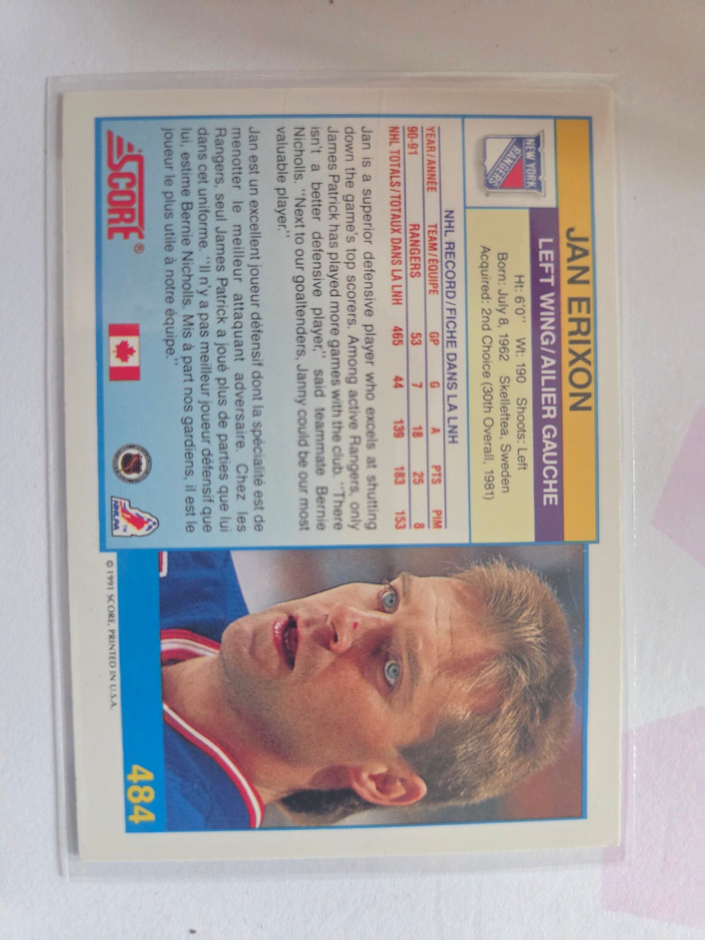 Jan Erixon 91 Score #484 [New York Rangers]