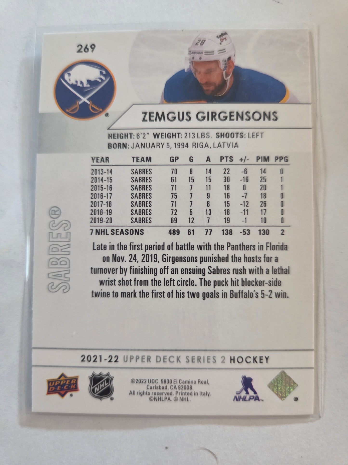 Zemgus Girgensons Upper Deck Series 2 #269 [Buffalo Sabres]