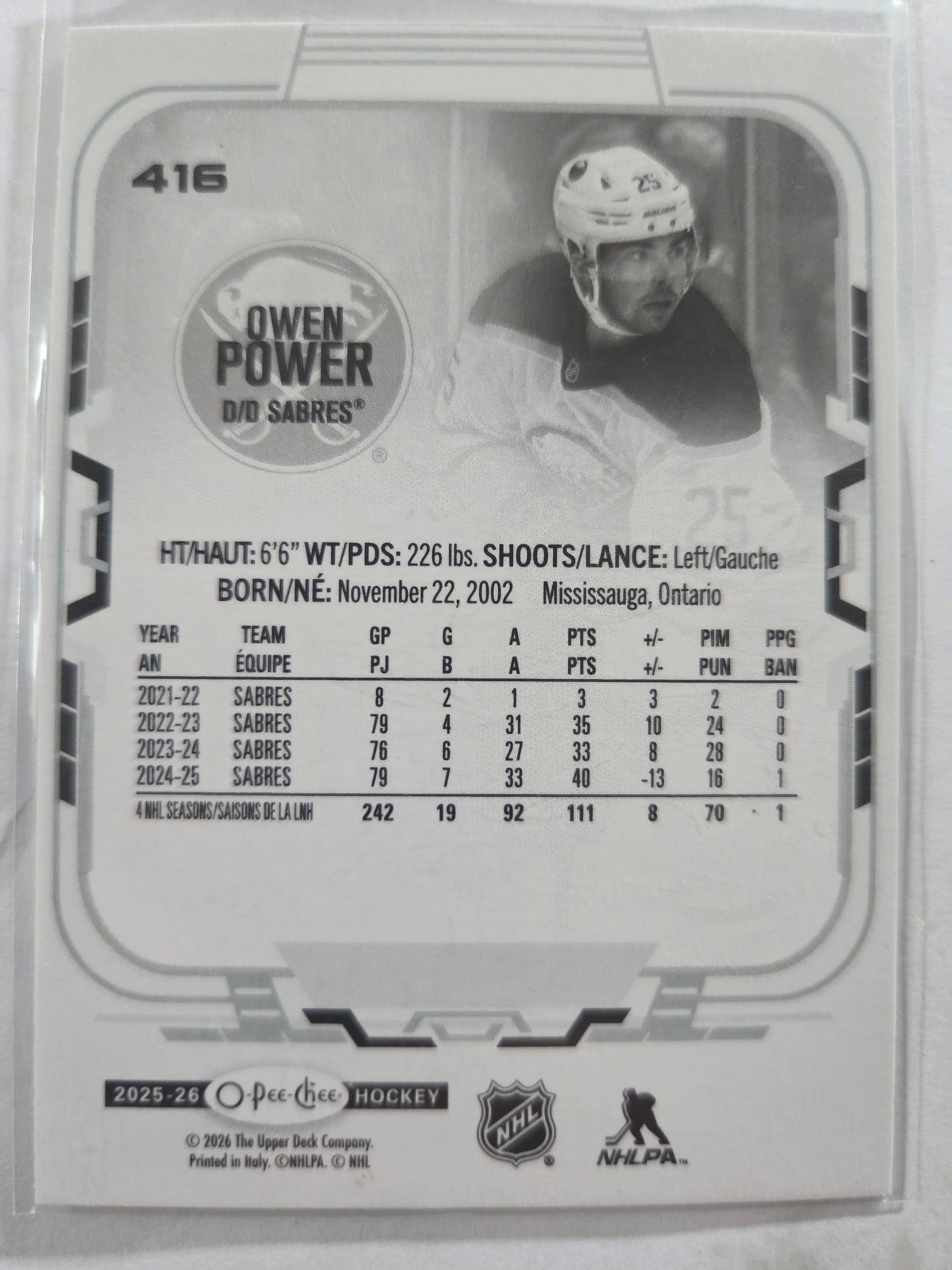 Owen Power O-Pee-Chee Hockey #416 [Buffalo Sabres]