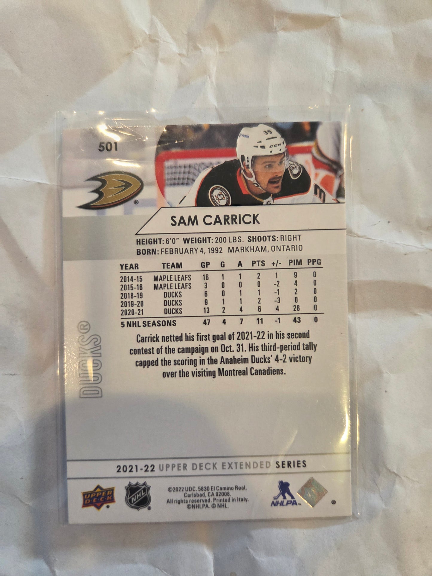 Sam Carrick Upper Deck Extended Series #501 [Anaheim Ducks]