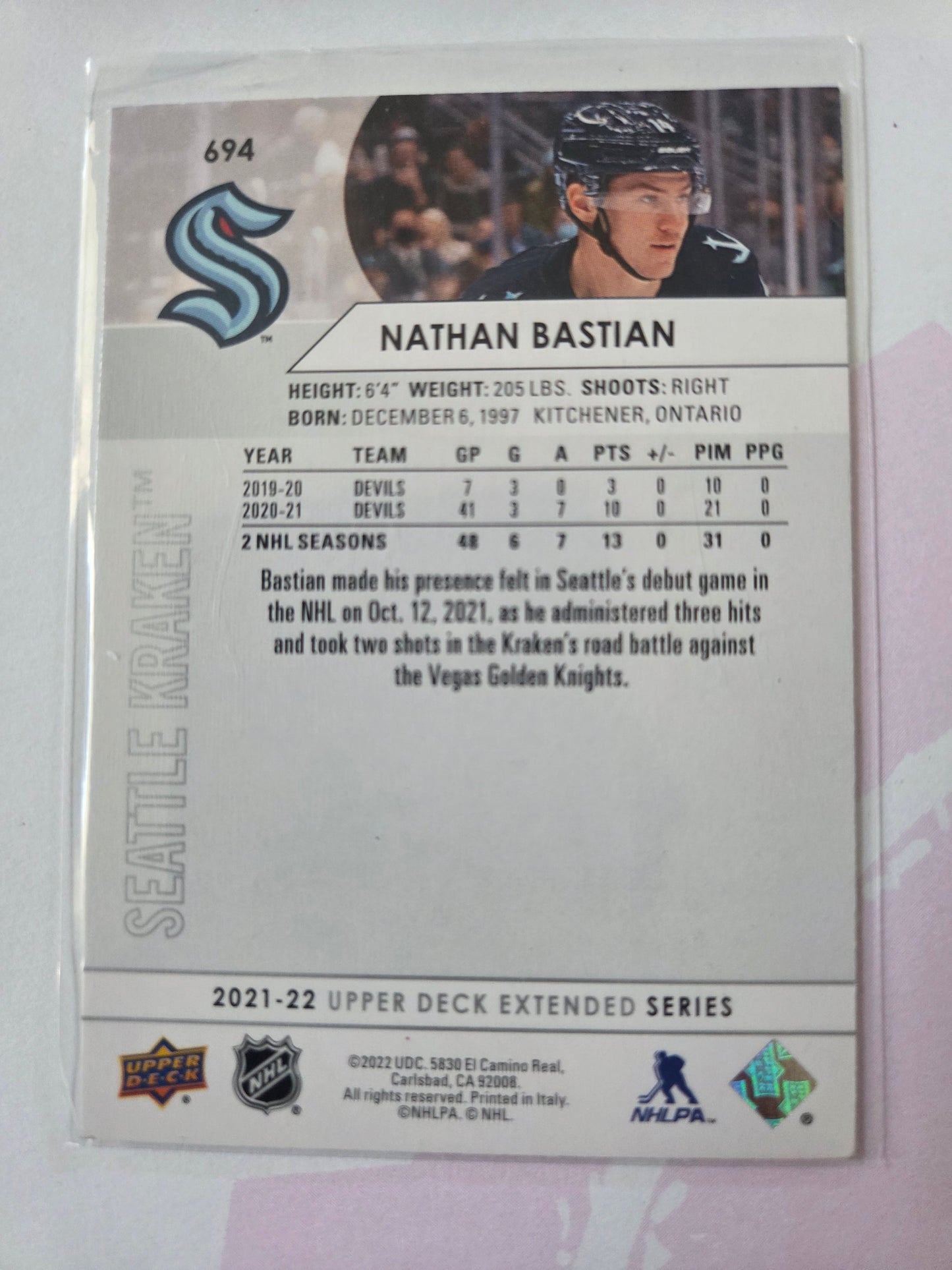 Nathan Bastian Upper Deck Extended Series #694 [Seattle Kraken]