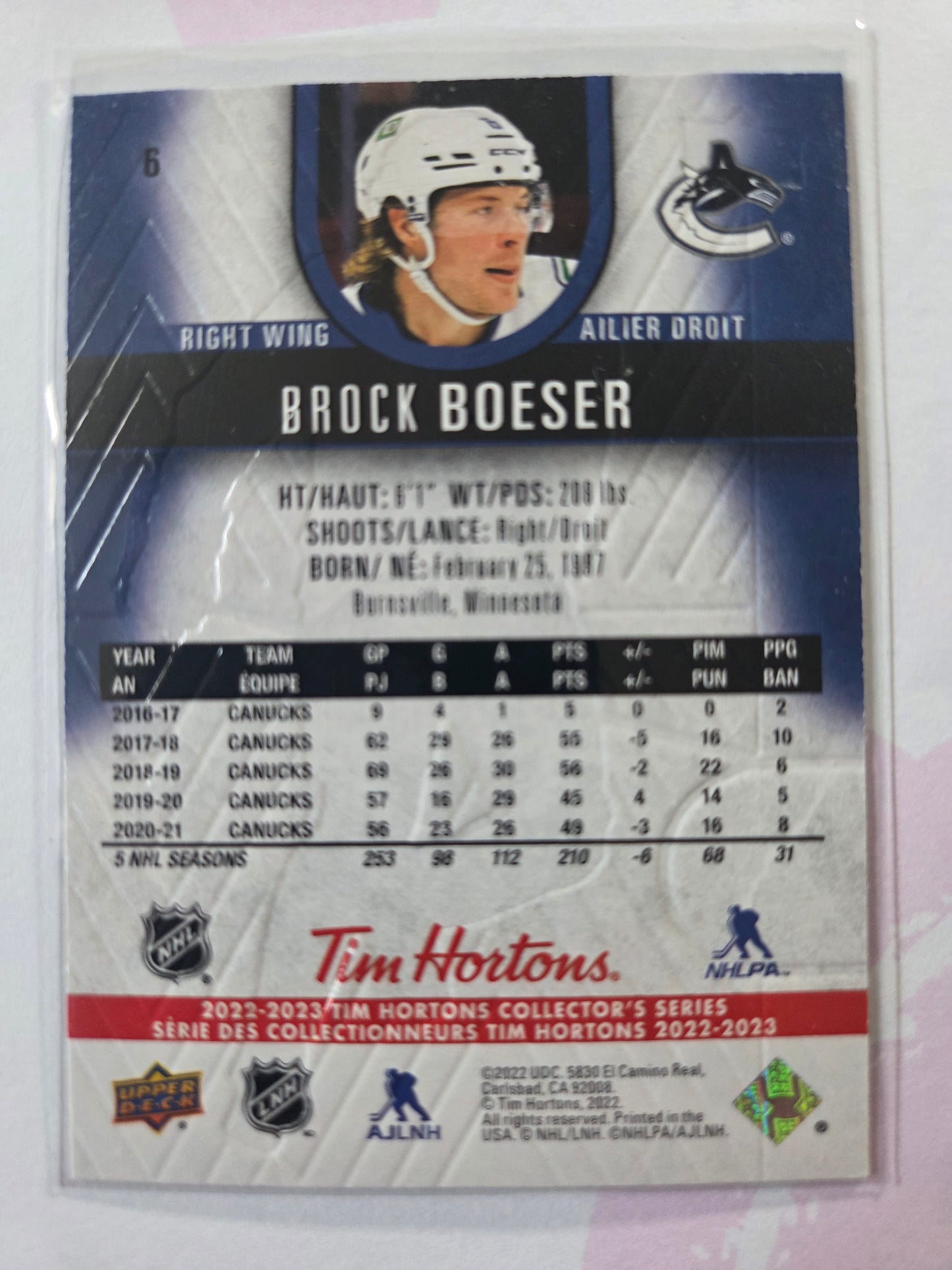 Brock Boeser Upper Deck Tim Hortons #6 [Vancouver Canucks]