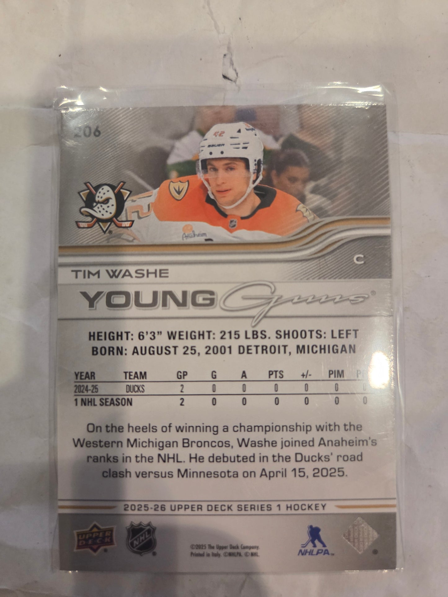 Tim Washe Young Guns Upper Deck Series 1 #206 [Anaheim Ducks]