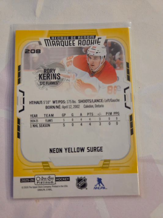 Rory Kerins O-Pee-Chee Platinum Hockey Neon Yellow Surge Marquee Rookie #208 [Calgary Flames]