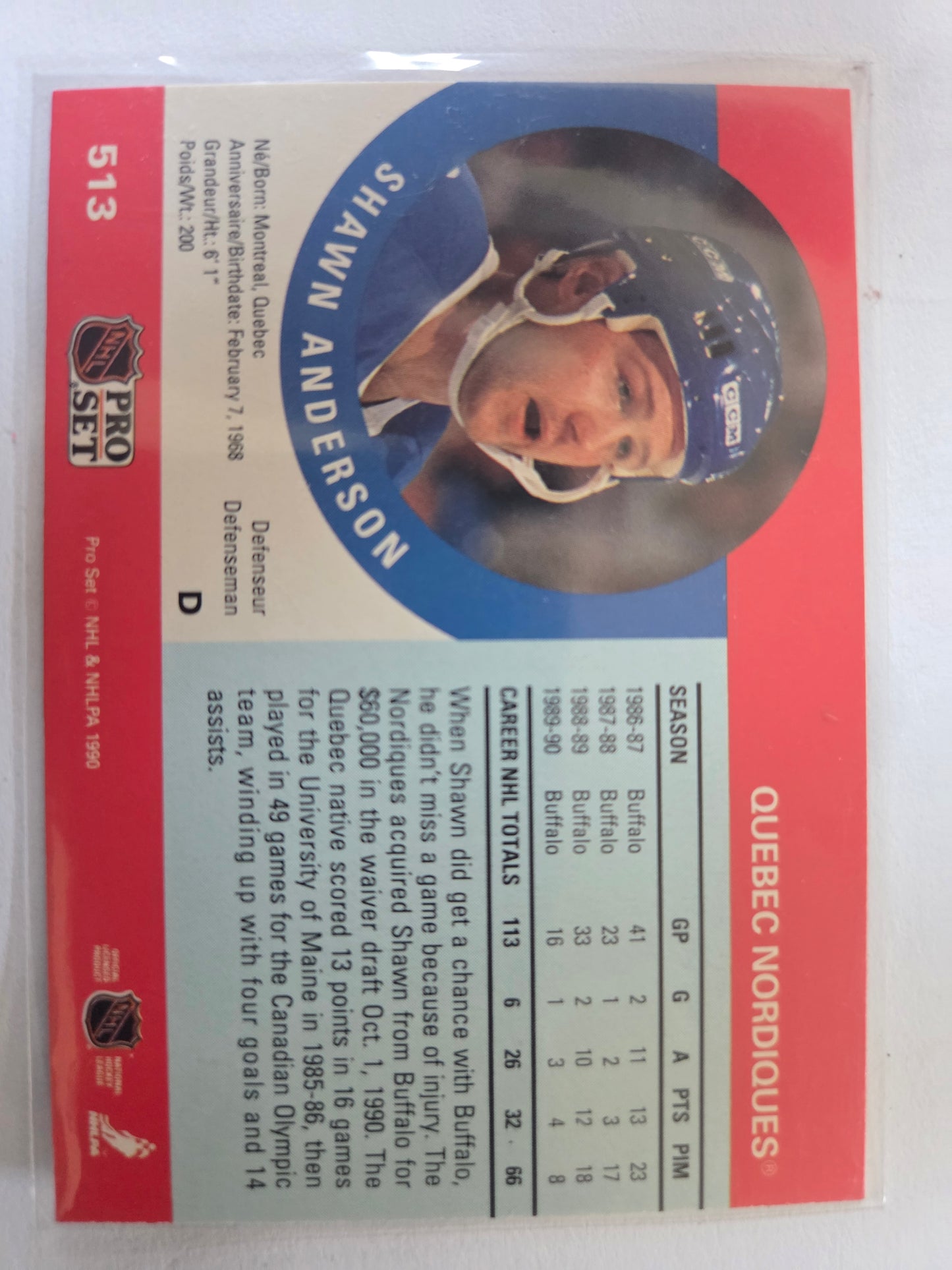 Shawn Anderson NHL Pro Set #513 [Quebec Nordiques]