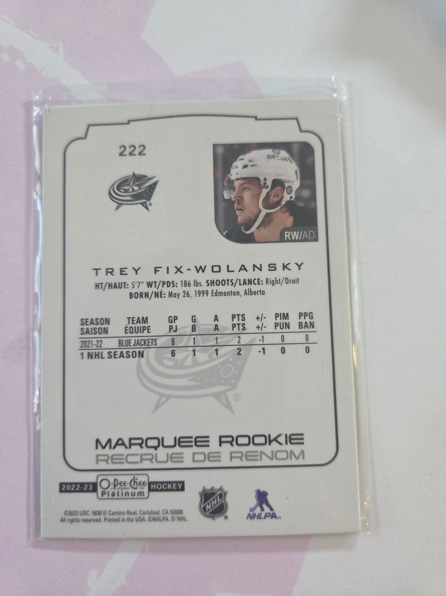 Trey Fix-Wolansky O-Pee-Chee Platinum Hockey Marquee Rookie  #222 [Columbus Blue Jackets]