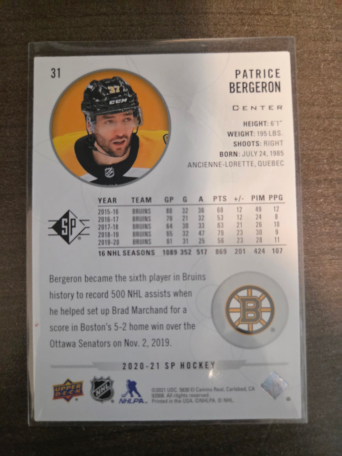 Patrice Bergeron Upper Deck SP Hockey #31 [Boston Bruins]