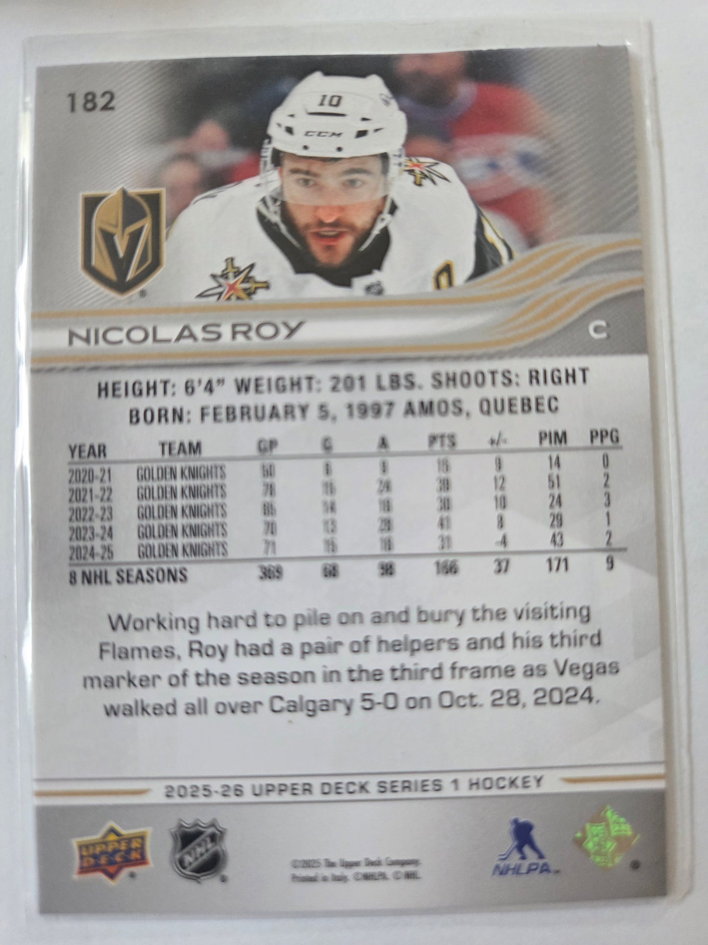 Nicolas Roy Upper Deck Series 1 #182 [Las Vegas Golden Knights]