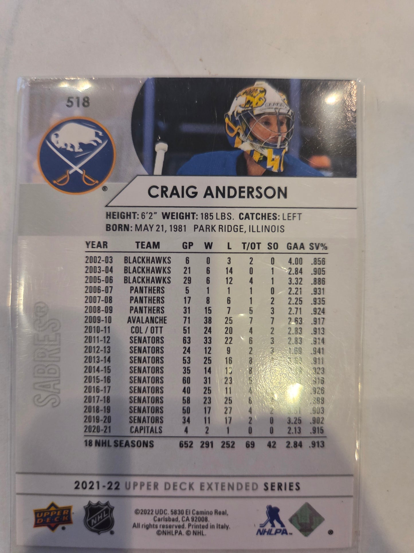 Craig Anderson Upper Deck Extended Series #518 [Buffalo Sabres]