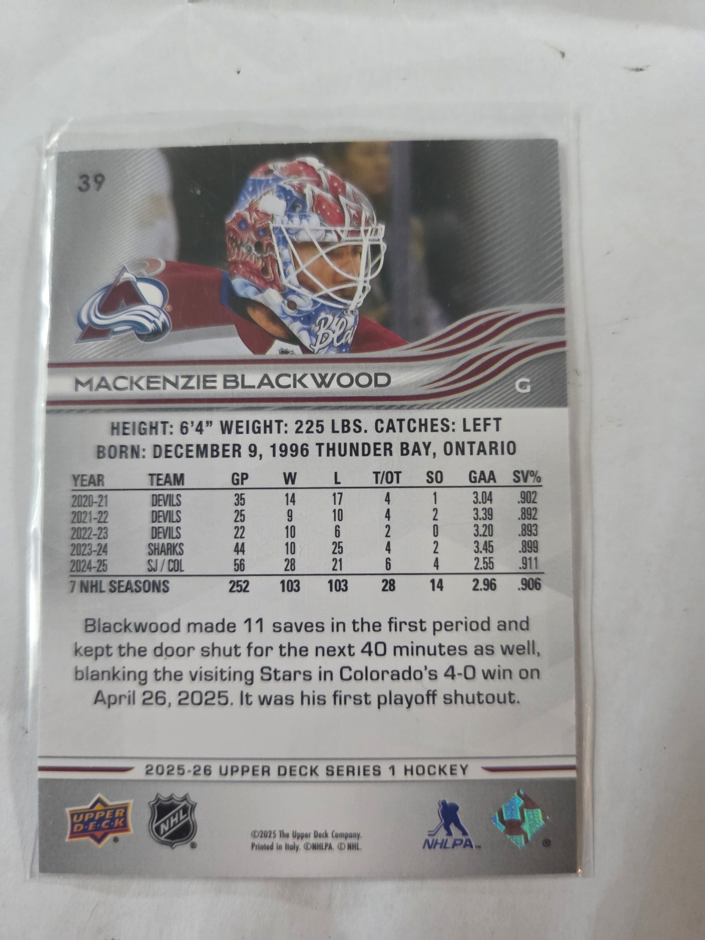 Mackenzie Blackwood Upper Deck Series 1 #39 [Colorado Avalanche]
