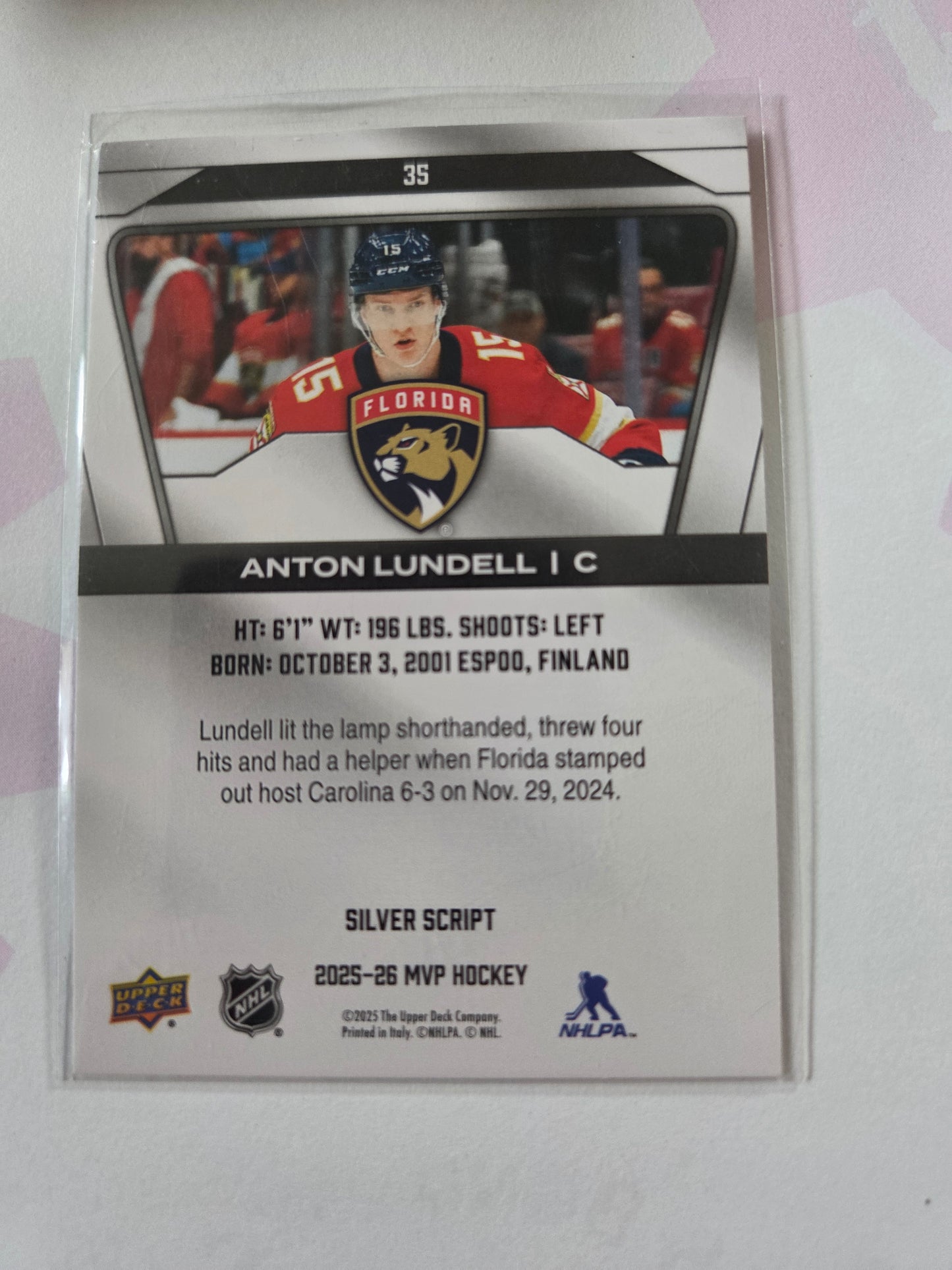 Anton Lundell Upper Deck MVP Hockey Signed Silver Script #35 [Florida Panthers]