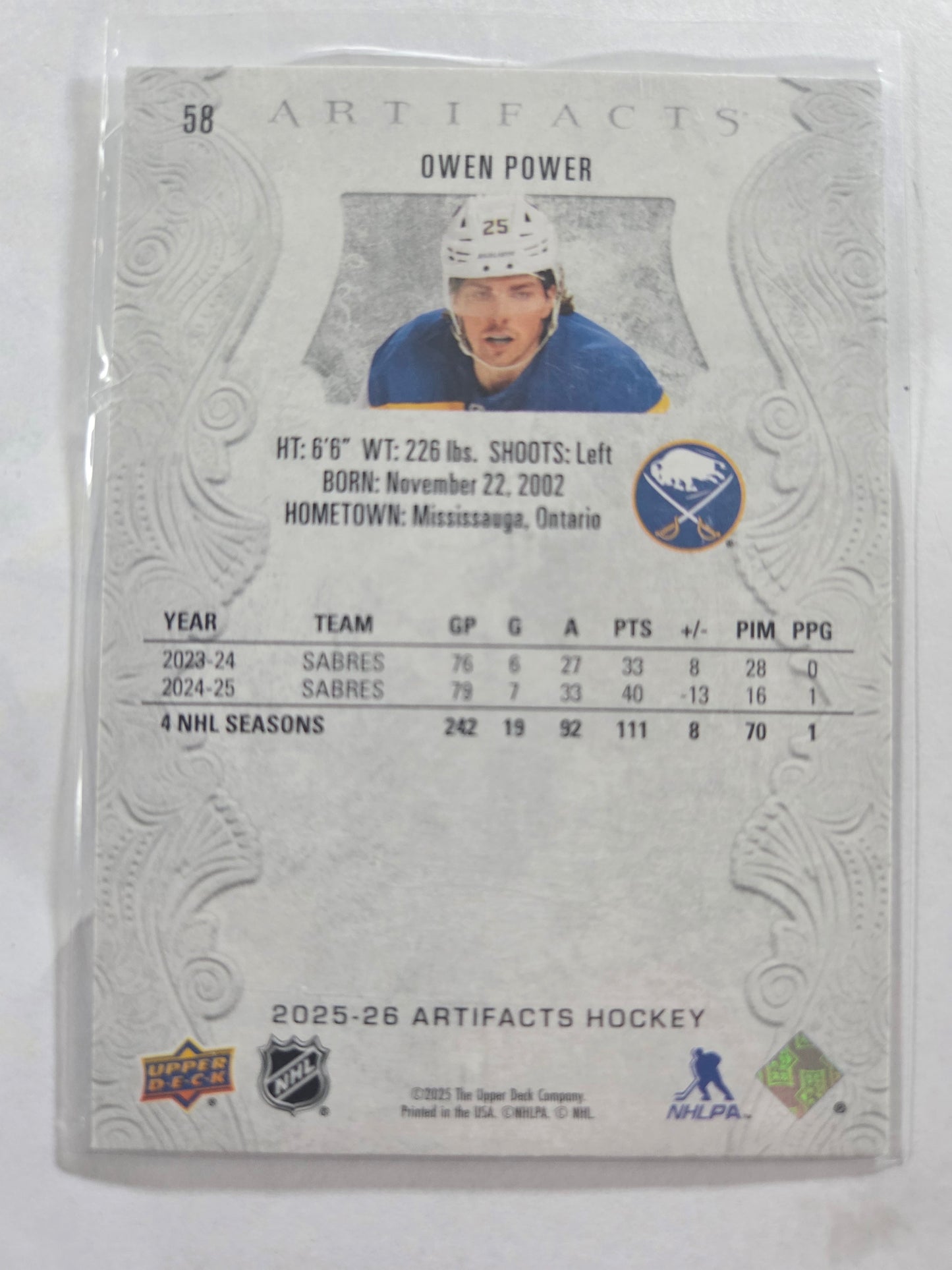 Owen Power Upper Deck Artifacts Hockey #58 [Buffalo Sabres]