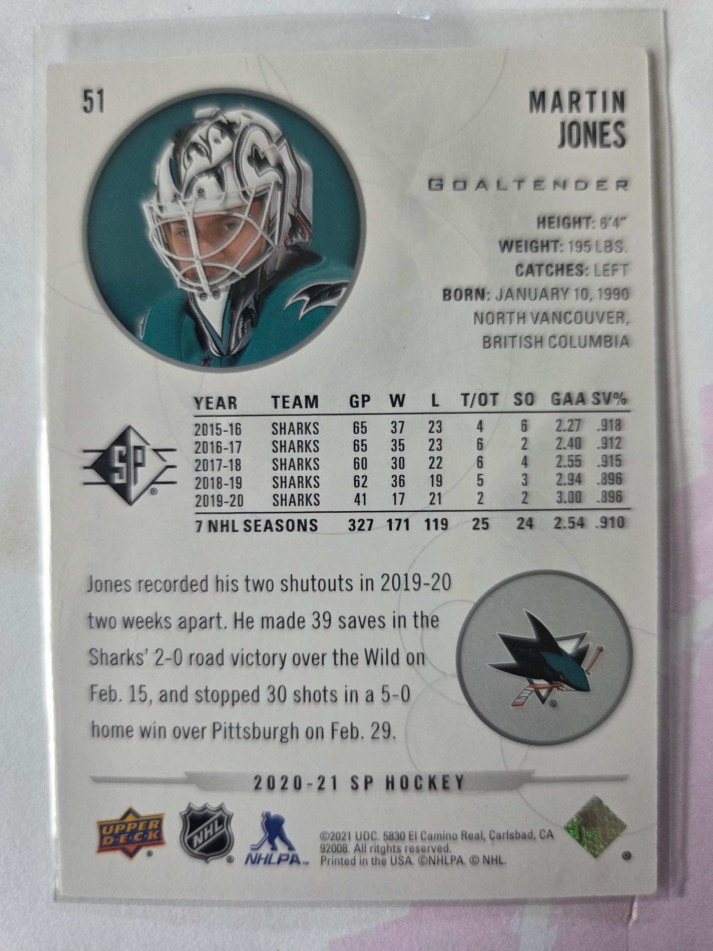 Martin Jones SP Hockey #51 [San Jose Sharks]