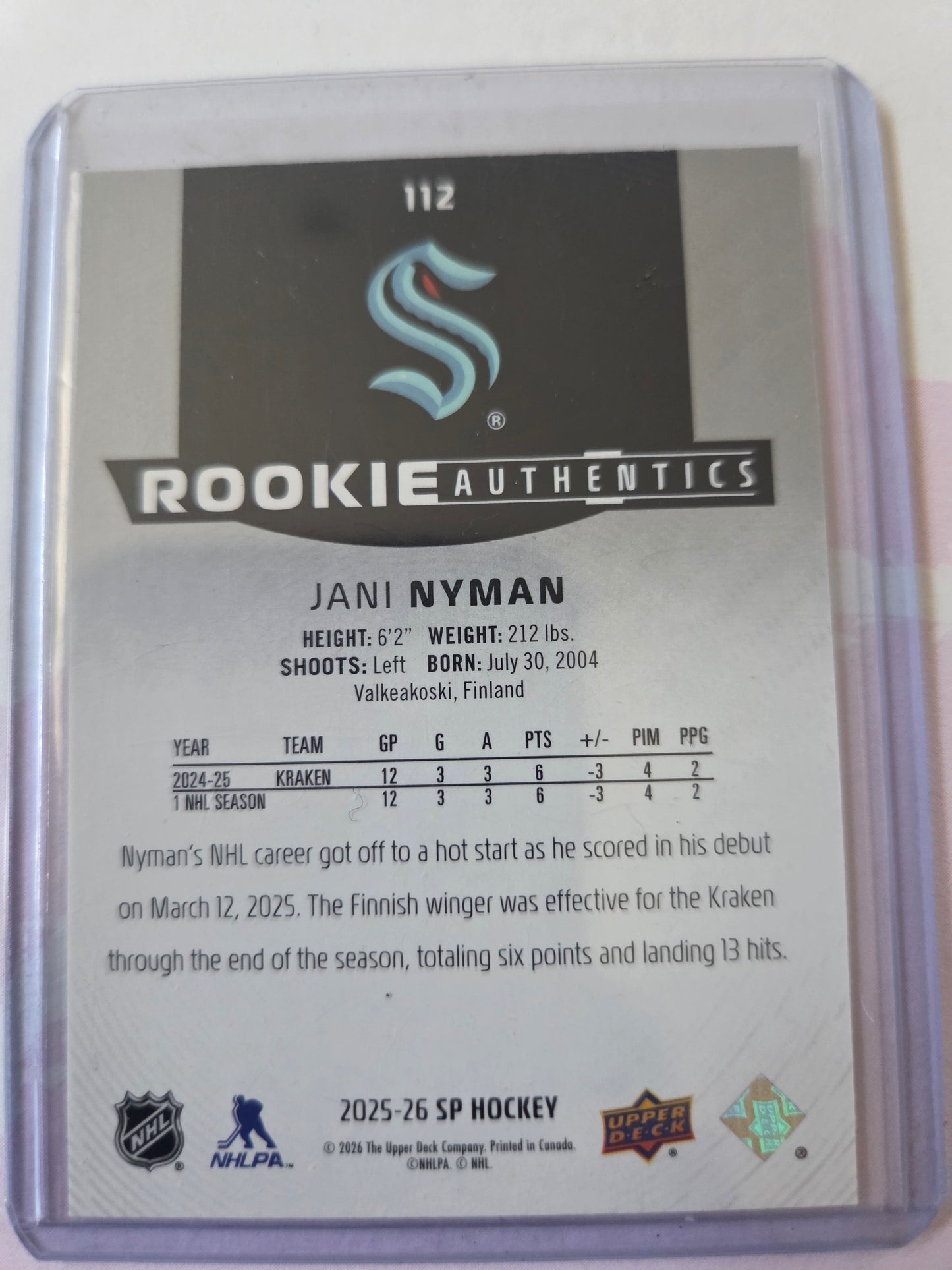 Jani Nyman SP Hockey #112 Rookie Authentics 1655/1749 [Seattle Kraken]