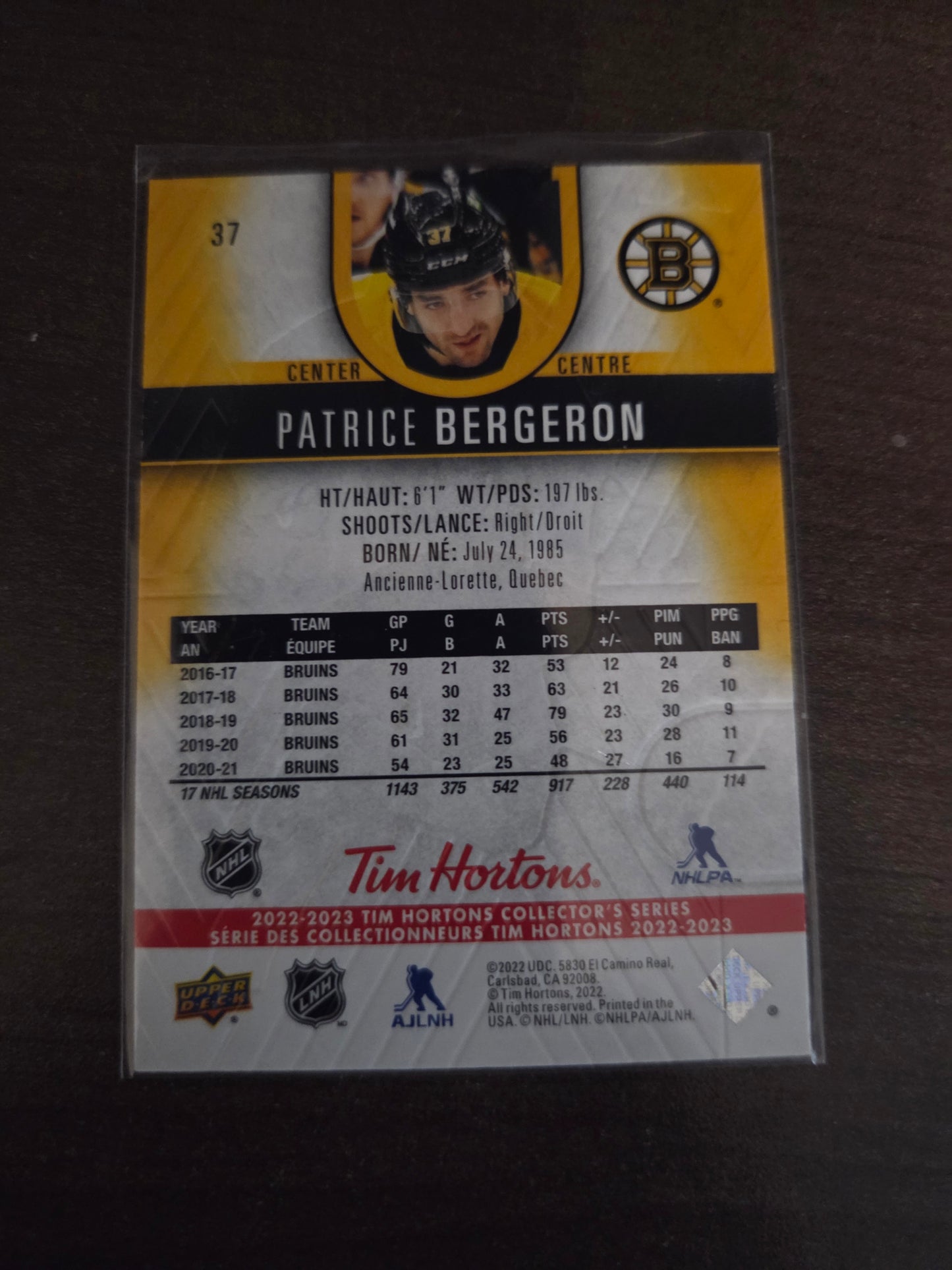 Patrice Bergeron Tim Hortons Upper Deck #37 [Boston Bruins]