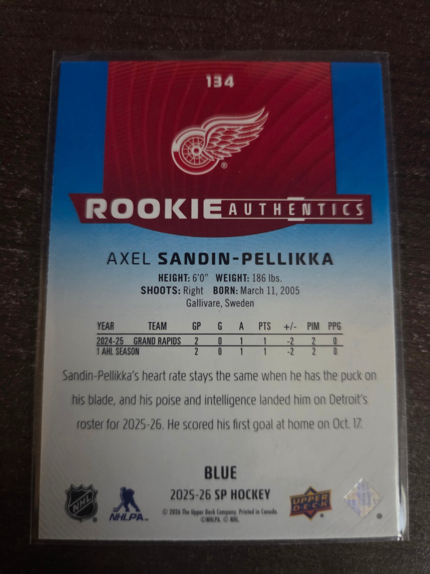 Axel Sandin-Pellikka Blue SP Hockey Rookie Authentics #134 [Detroit Red Wings]