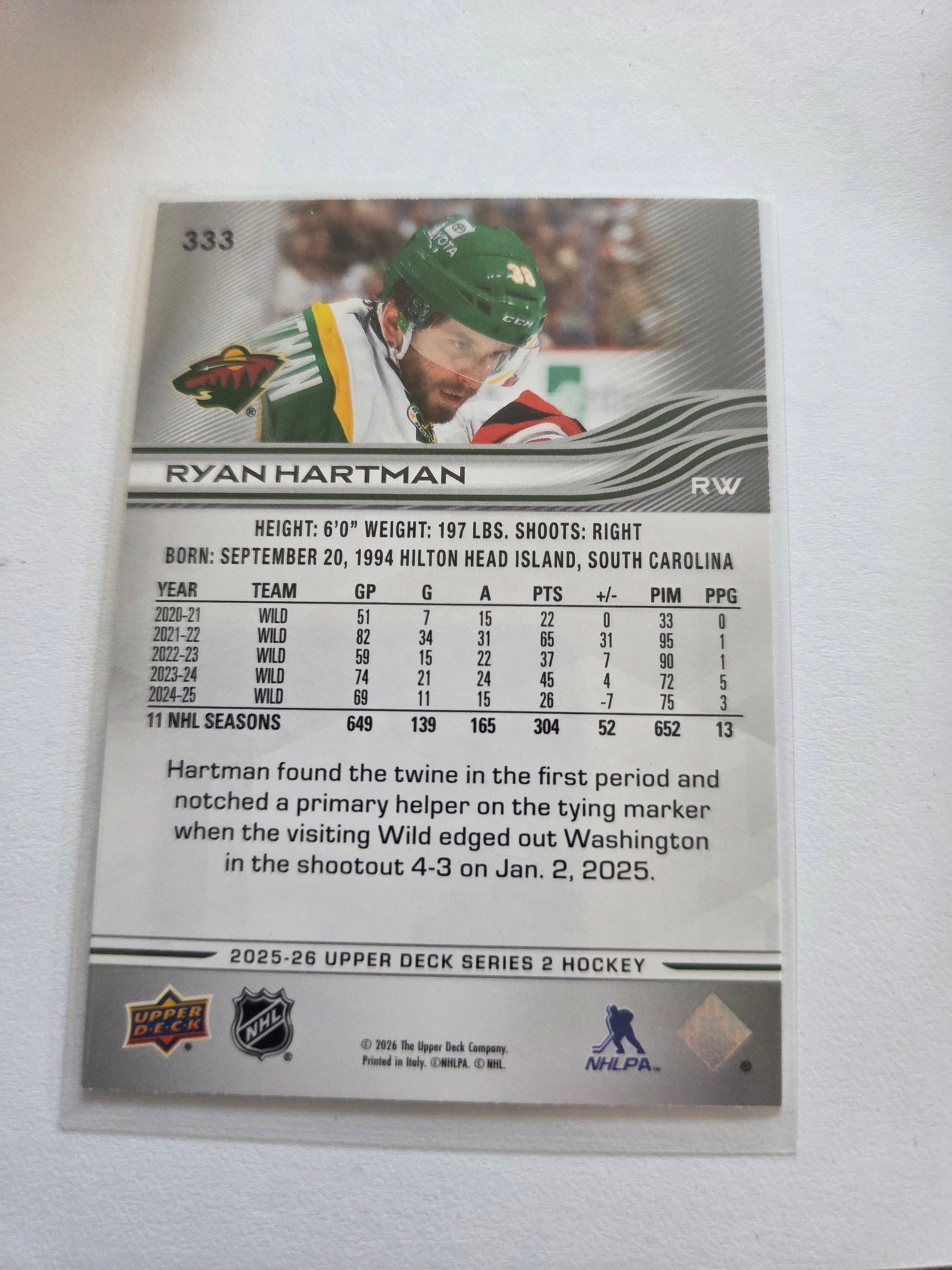 Ryan Hartman Upper Deck Series 2 #333 [Minnesota Wild]