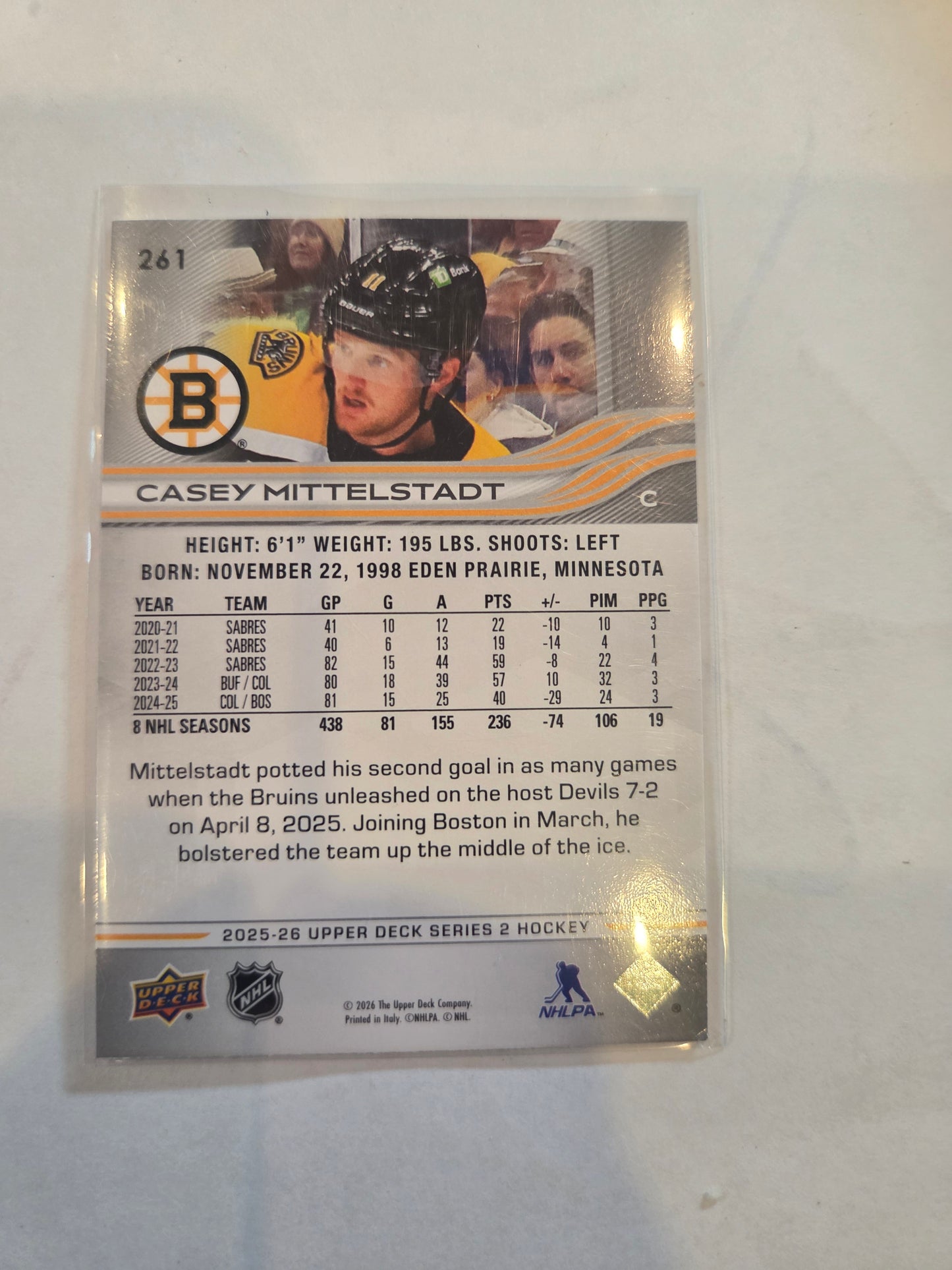 Casey Mittelstadt Upper Deck Series 2 #261 [Boston Bruins]