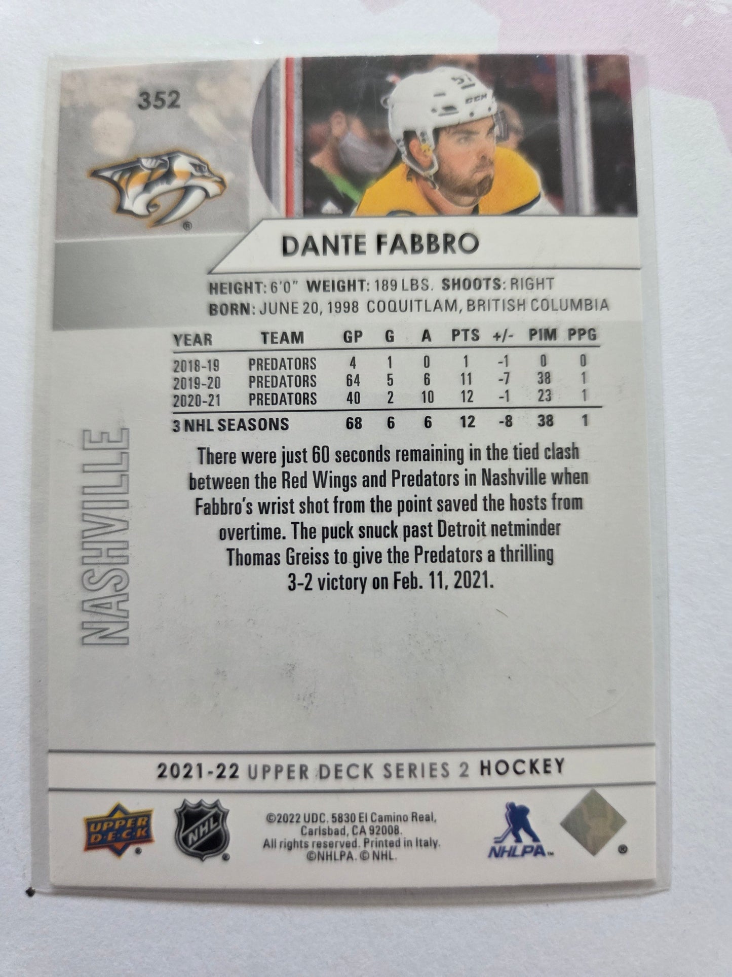Dante Fabbro Upper Deck Series 2 #352 [Nashville Predators]