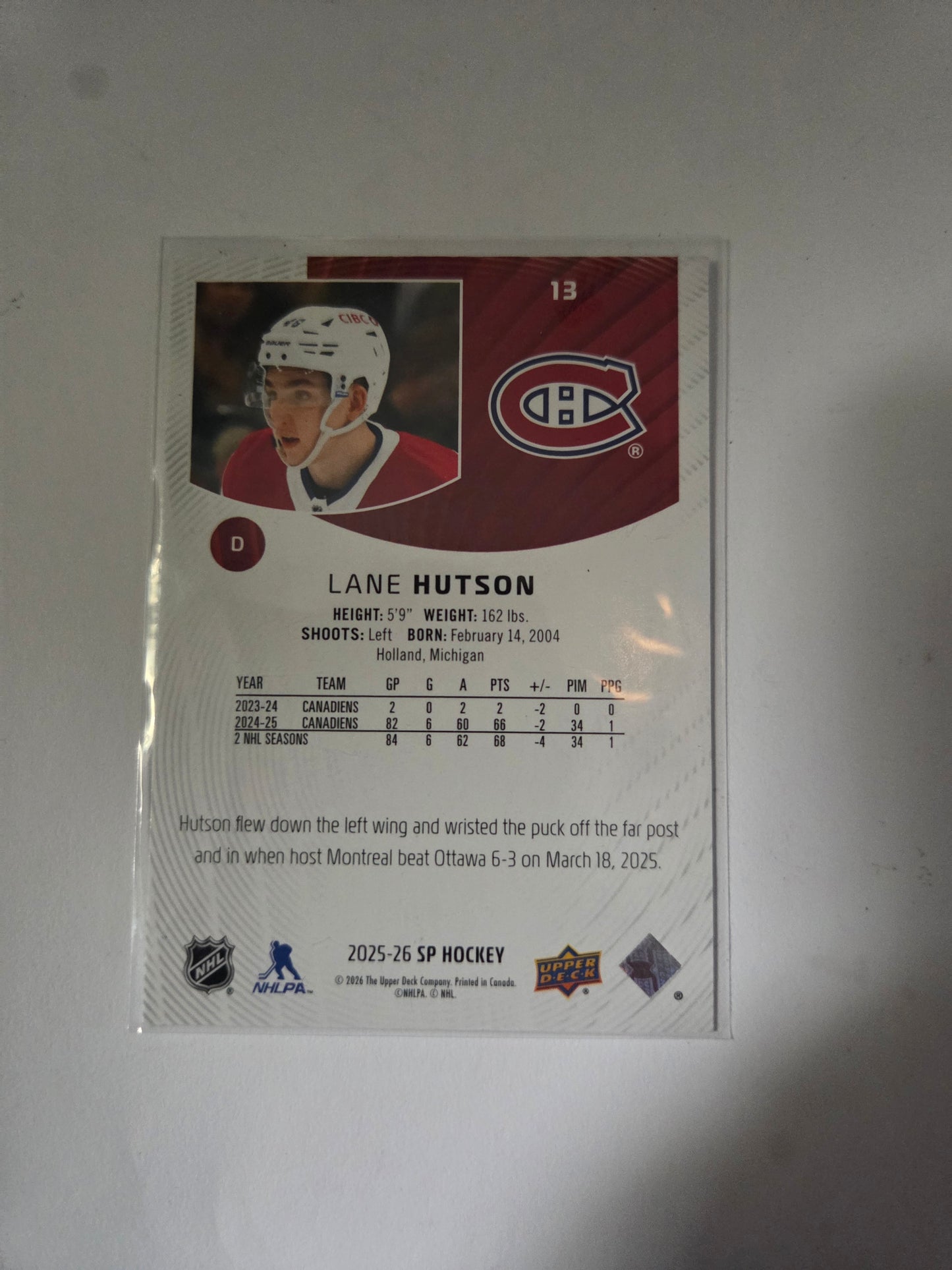 Lane Hutson SP Hockey #13 [Montreal Canadians]
