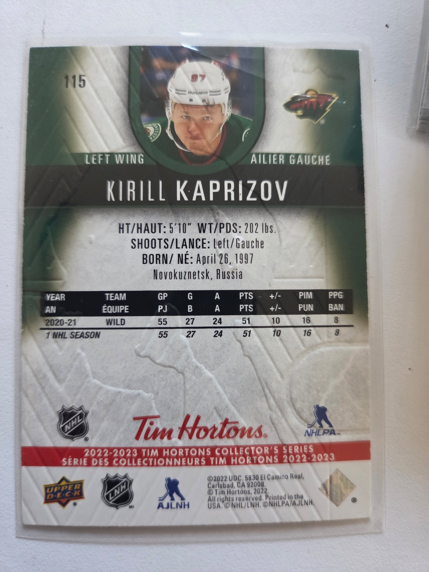 Krill Kaprizov Upper Deck Tim Hortons #115 [Minnesota Wild]