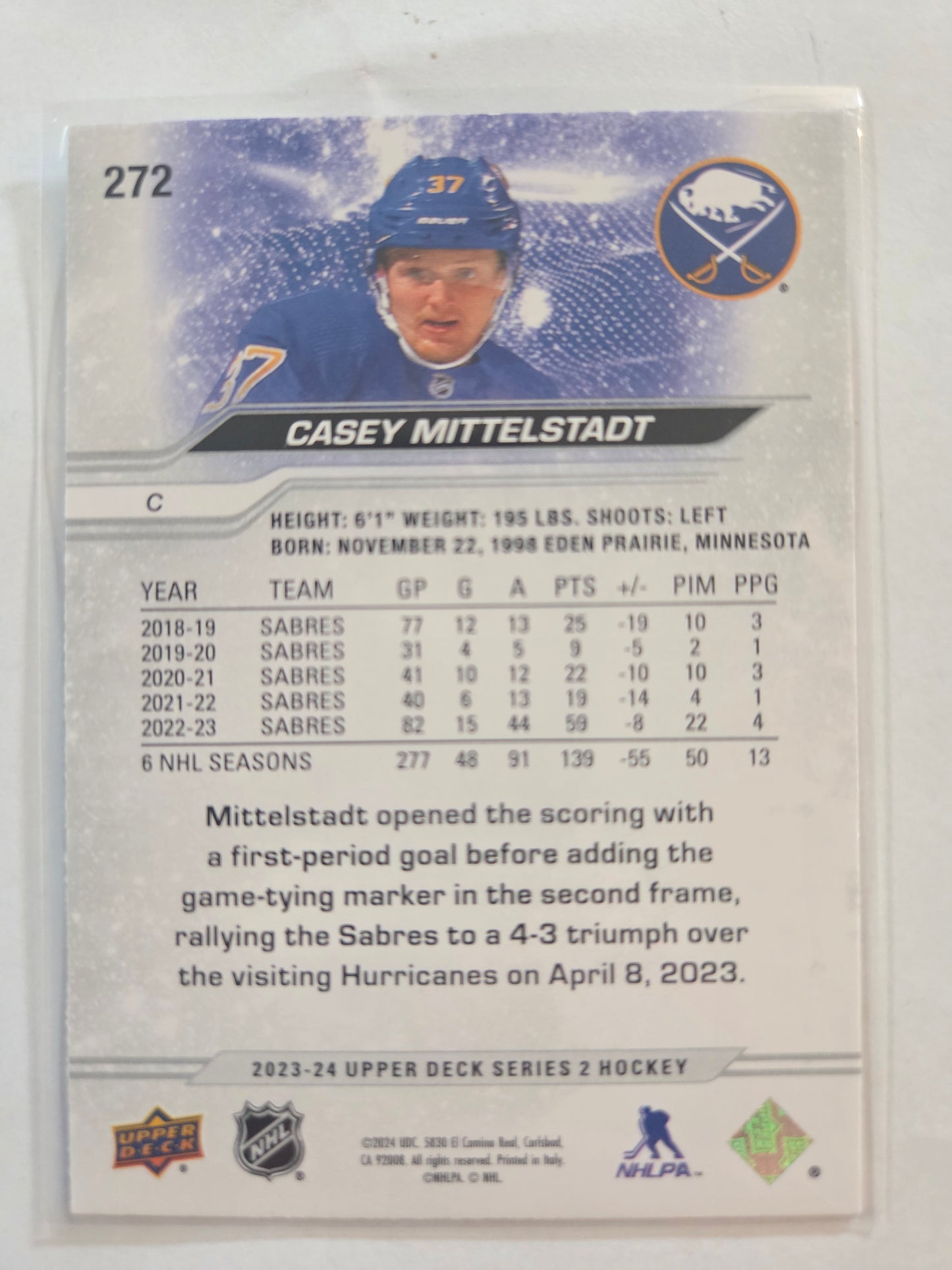 Casey Mittelstadt Upper Deck Series 2 #272 [Buffalo Sabres]