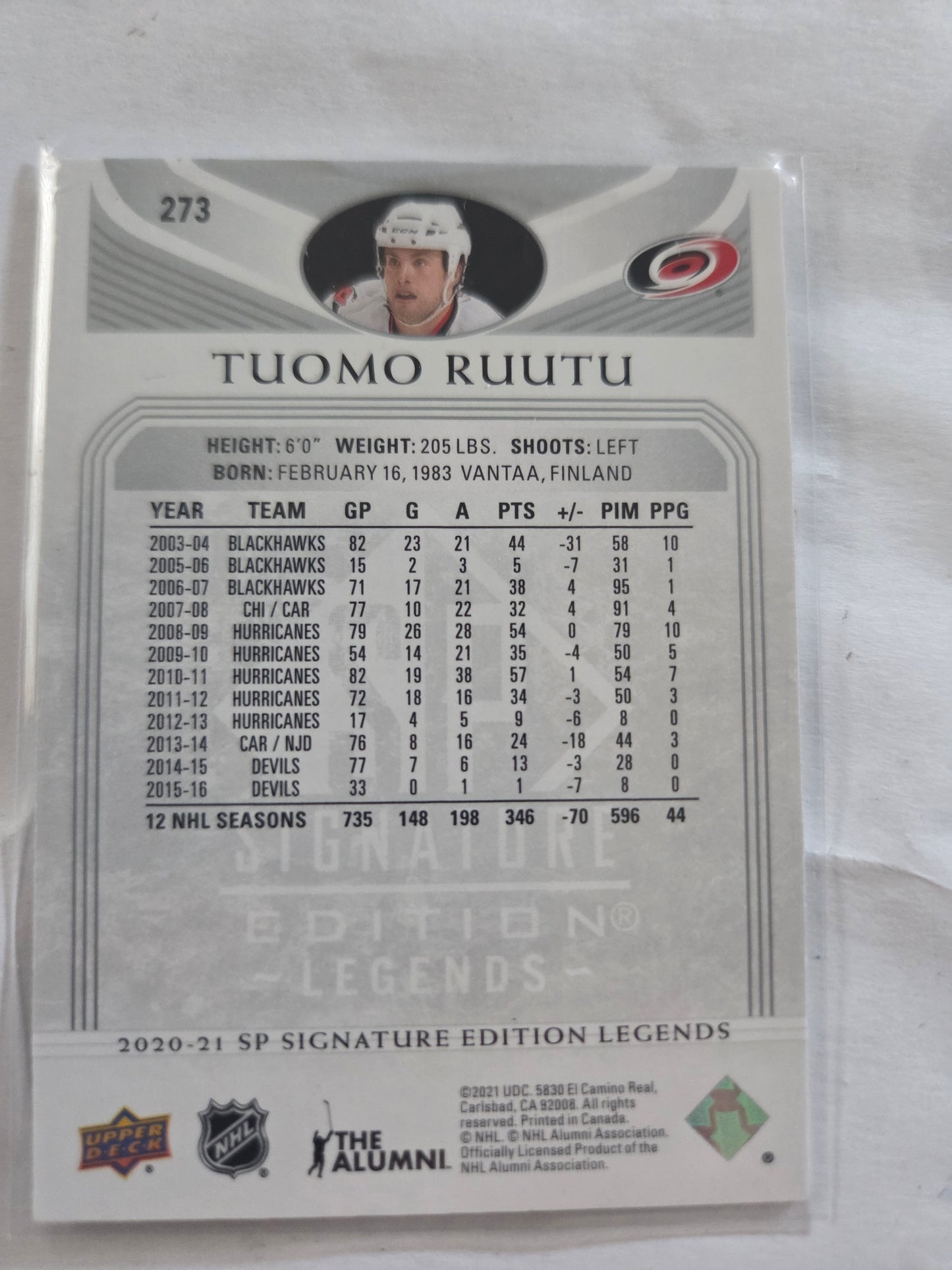 Tuomo Ruutu Upper Deck SP Signature Edition Legends #273 [Carolina Hurricanes]