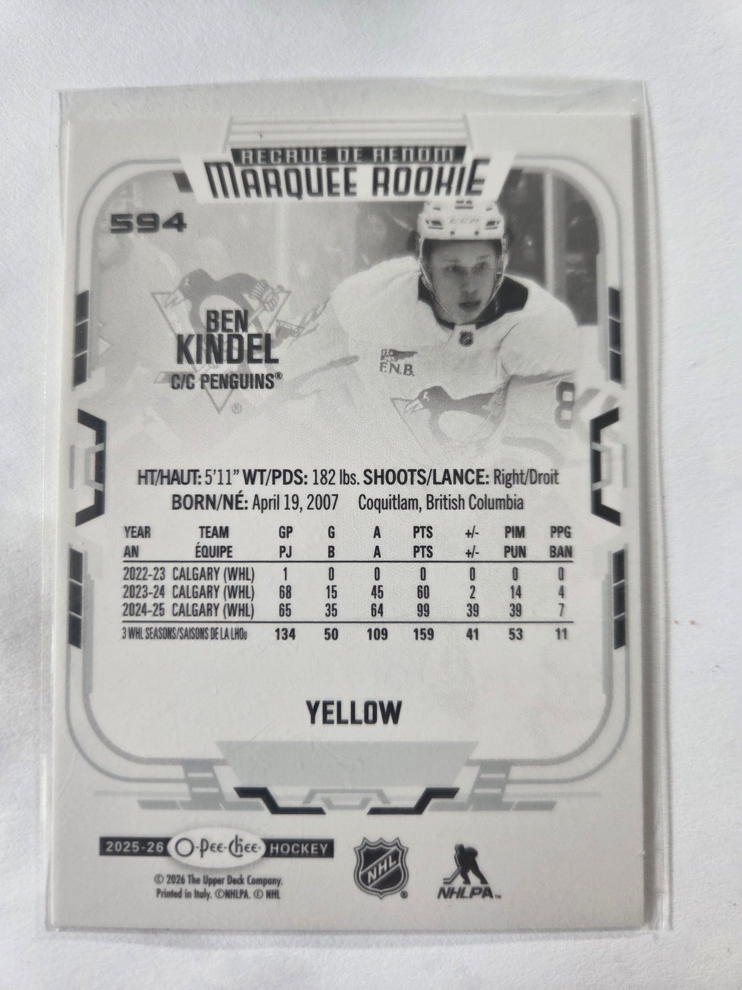 Ben Kindel O-Pee-Chee Hockey Yellow Marquee Rookie #594 [Pittsburgh Penguins]