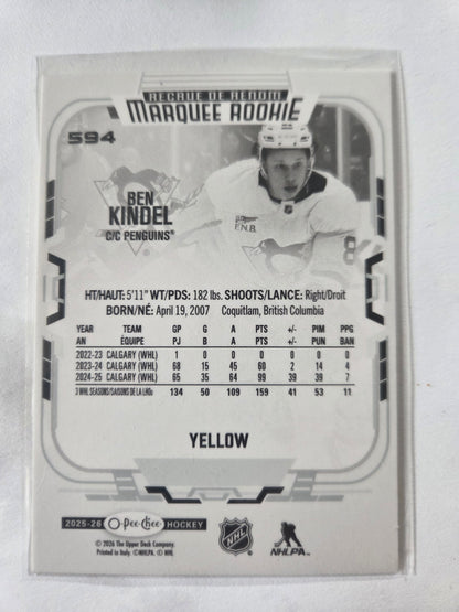 Ben Kindel O-Pee-Chee Hockey Yellow Marquee Rookie #594 [Pittsburgh Penguins]