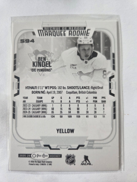 Ben Kindel O-Pee-Chee Hockey Yellow Marquee Rookie #594 [Pittsburgh Penguins]