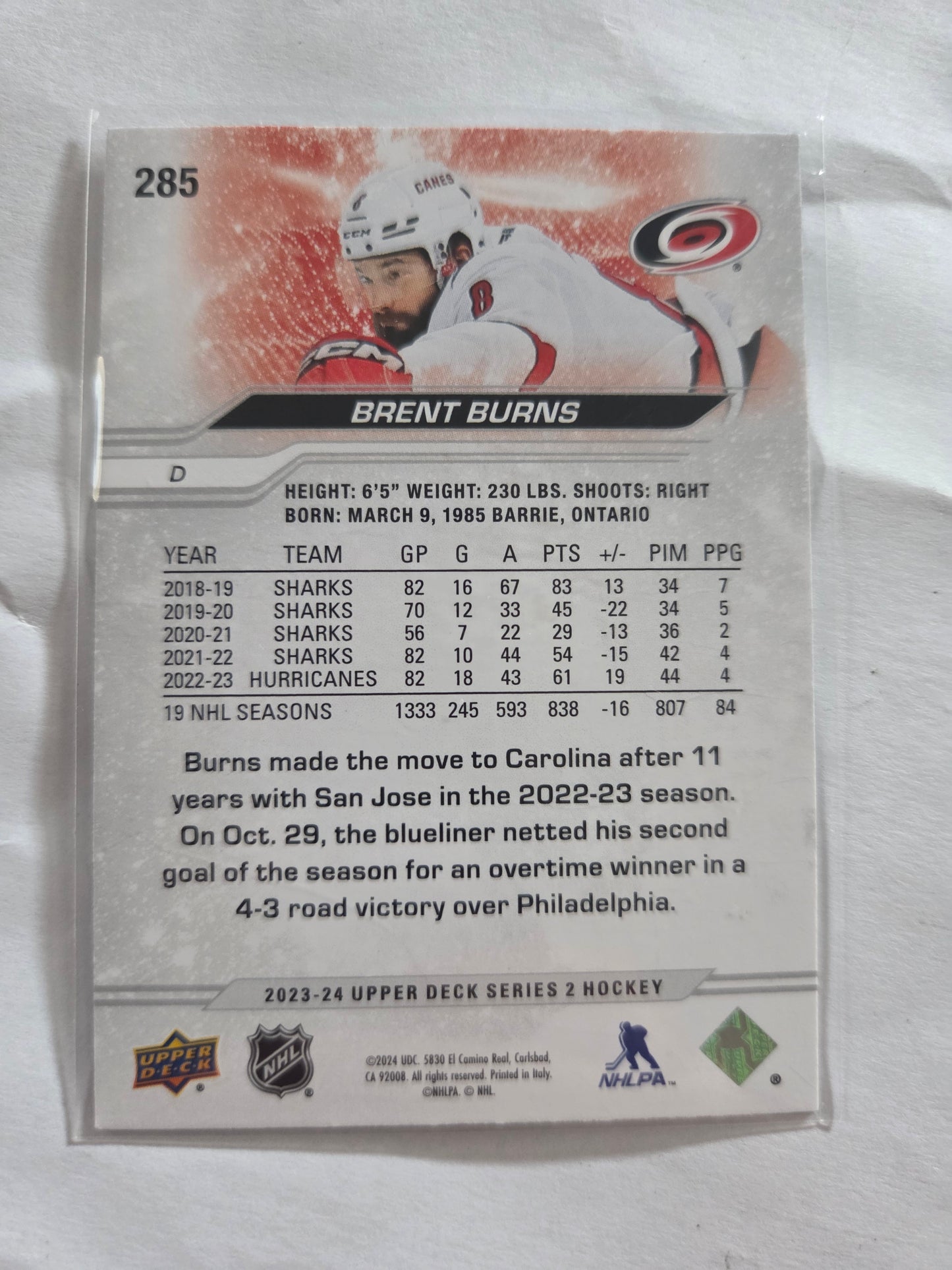 Brent Burns Upper Deck Series 2 #285 [Carolina Hurricanes]