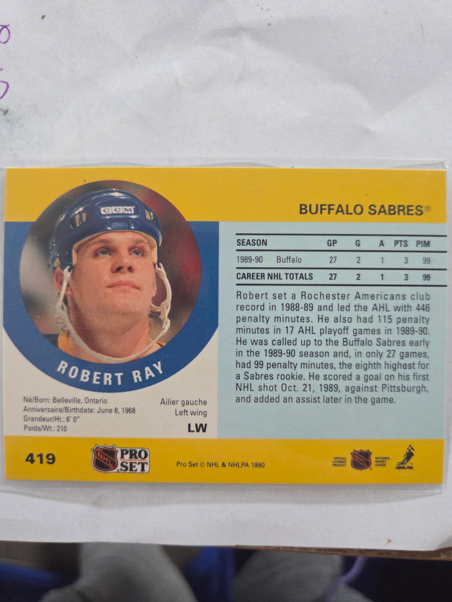 Robert Ray NHL Pro Set #419 [Buffalo Sabres]