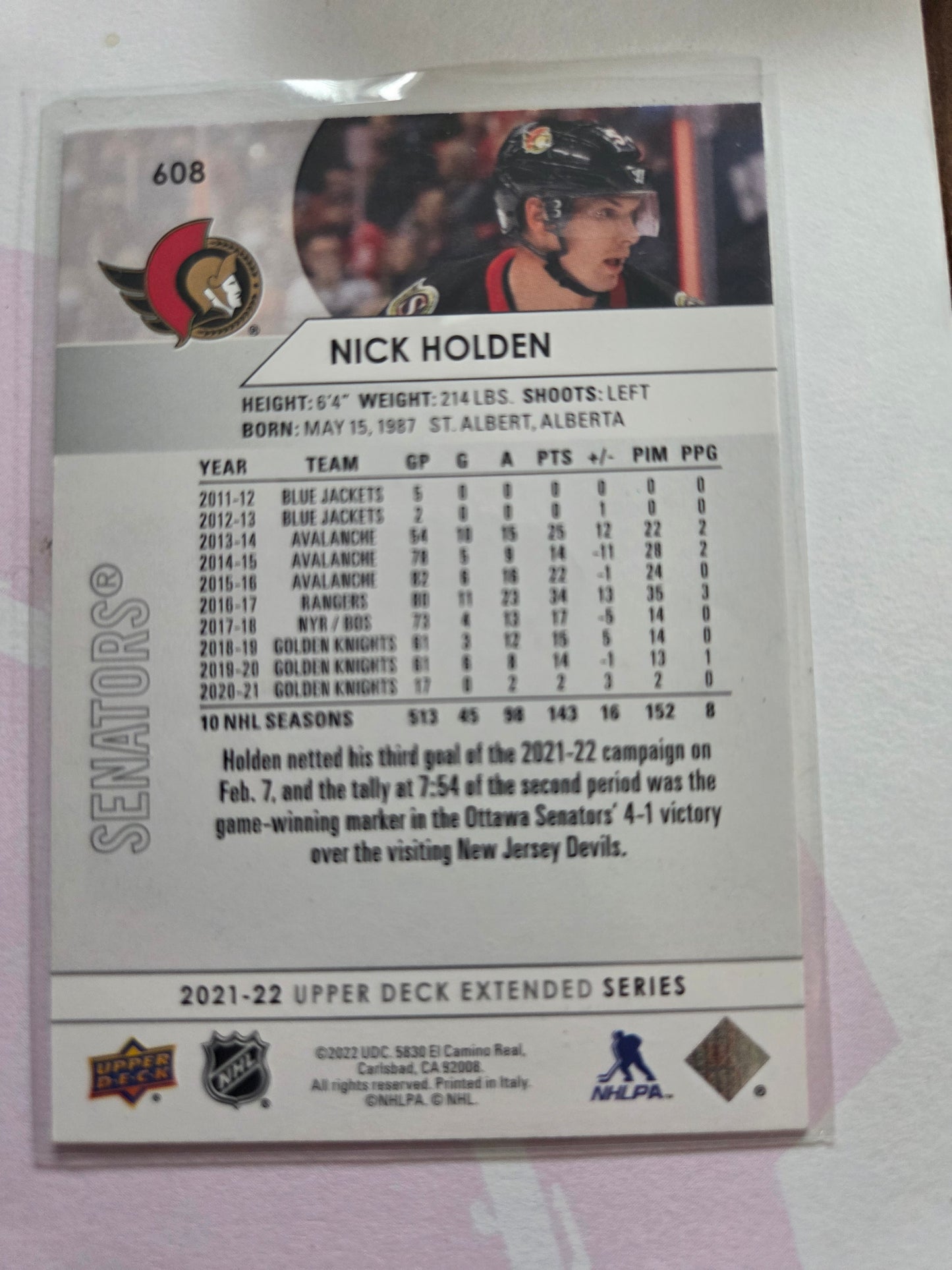 Nick Holden Upper Deck Extended Series #608 [Ottawa Senators]