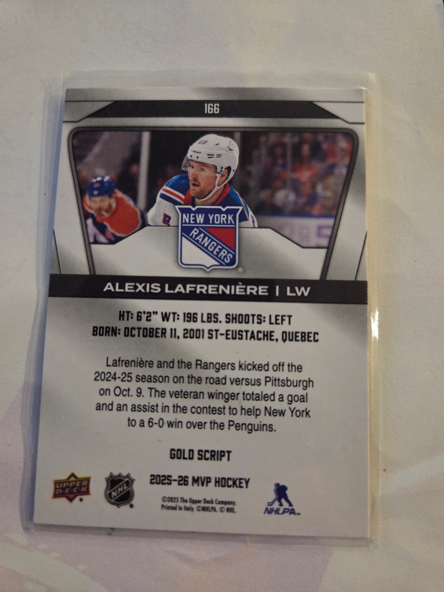 Alex Lafrenière Upper Deck MVP Hockey Signed Gold Script #166 [New York Rangers]