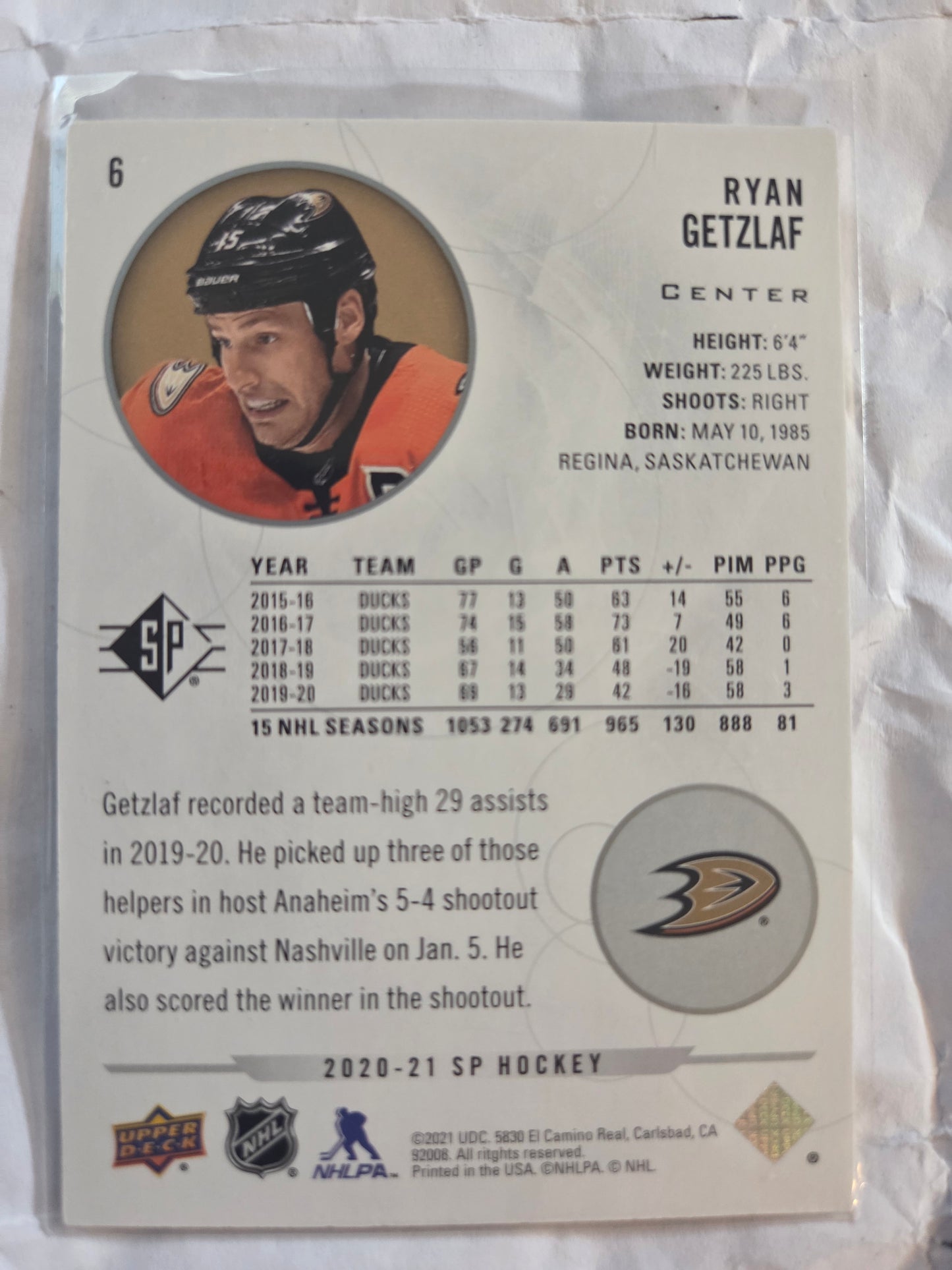 Ryan Getzlaf SP Hockey #6 [Anaheim Ducks]