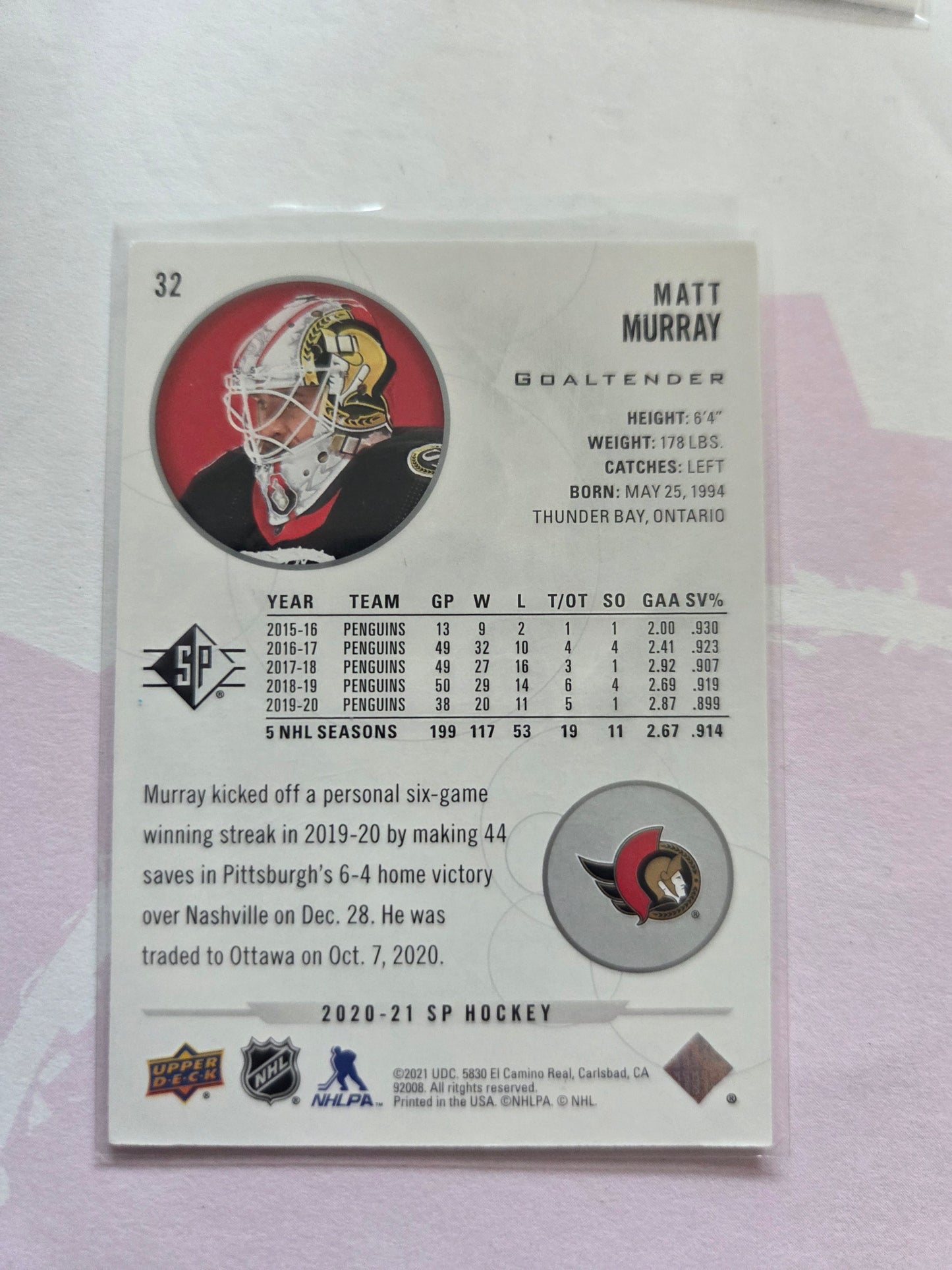 Matt Murray SP Hockey #32 [Ottawa Senators]