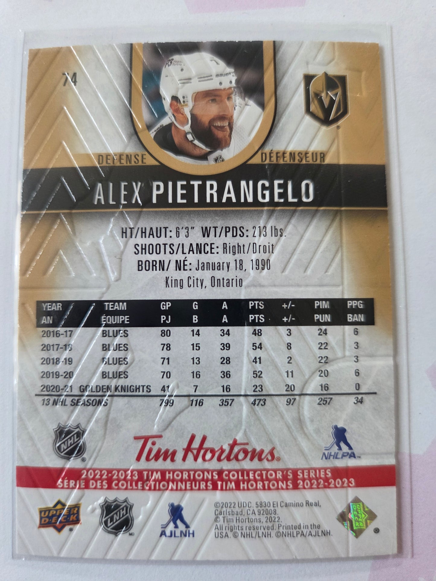 Alex Pietrangelo Upper Deck Tim Hortons #74 [Las Vegas Golden Knights]