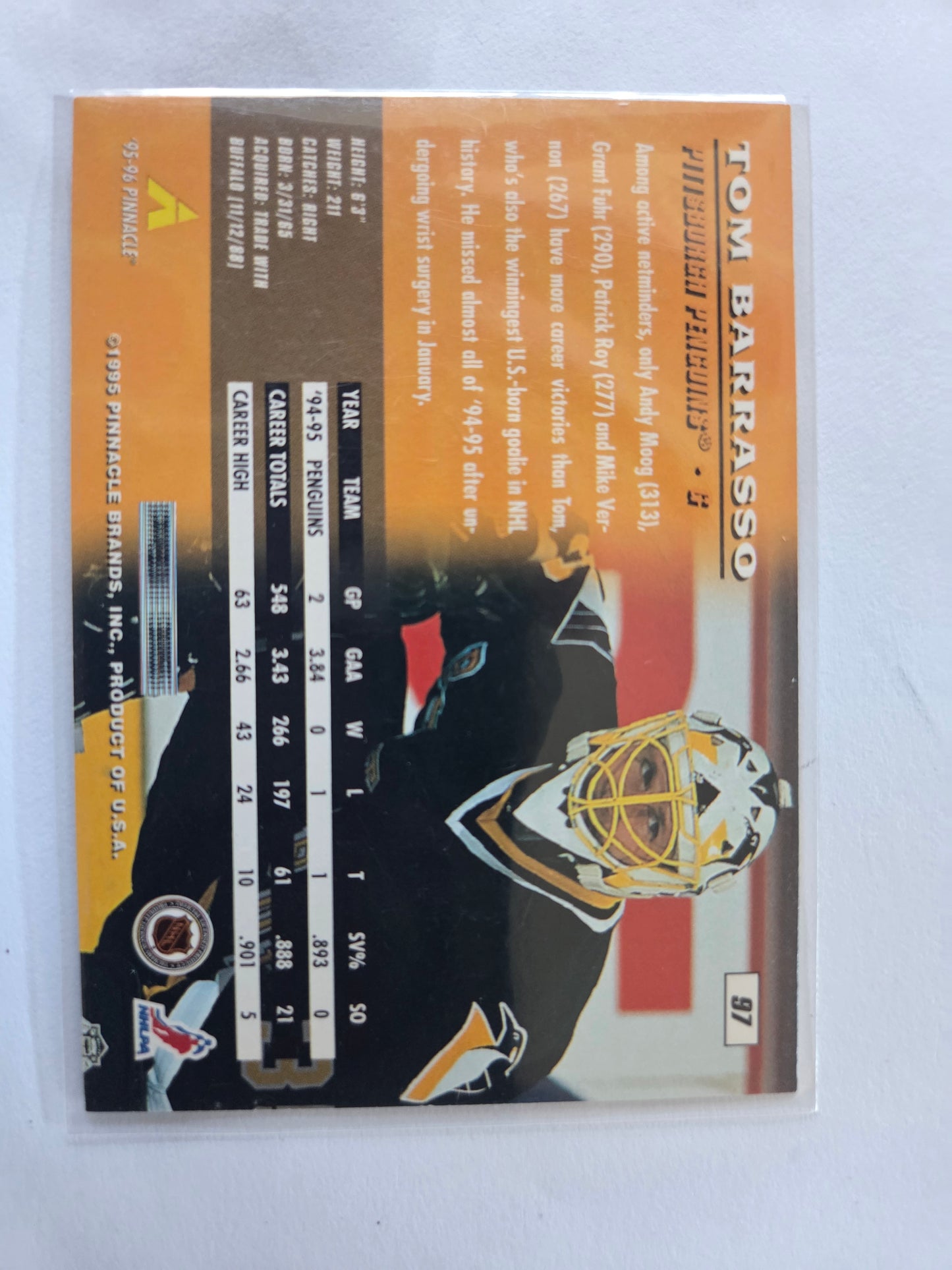 Tom Barrasso 95/96 Pinnacle #97 [Pittsburgh Penguins]