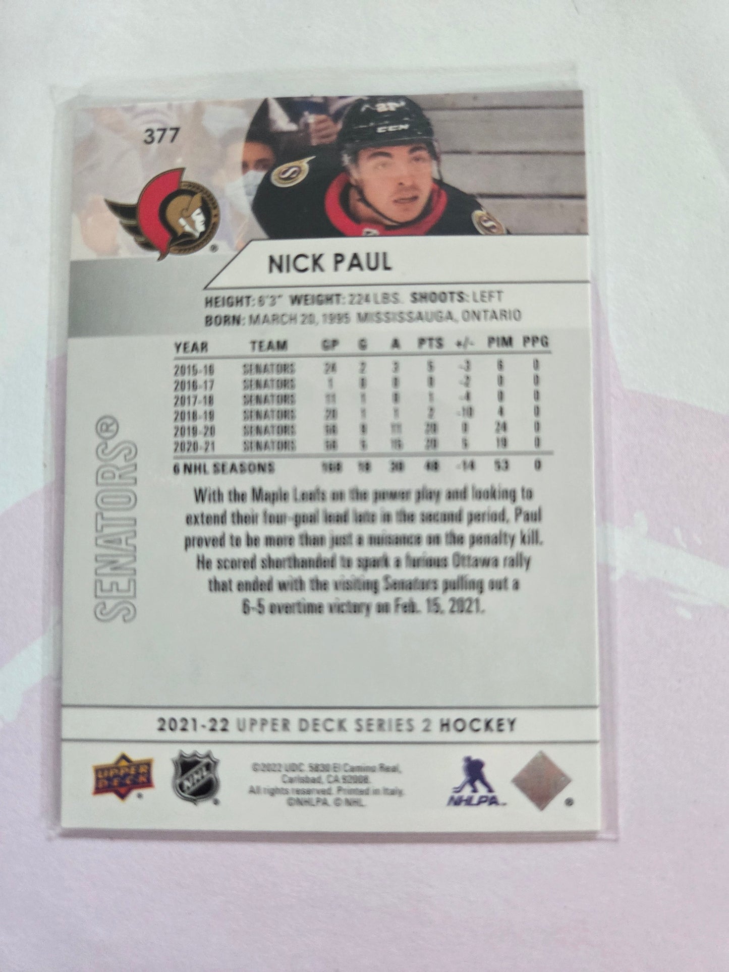 Nick Paul Upper Deck Series 2 #377 [Ottawa Senators]