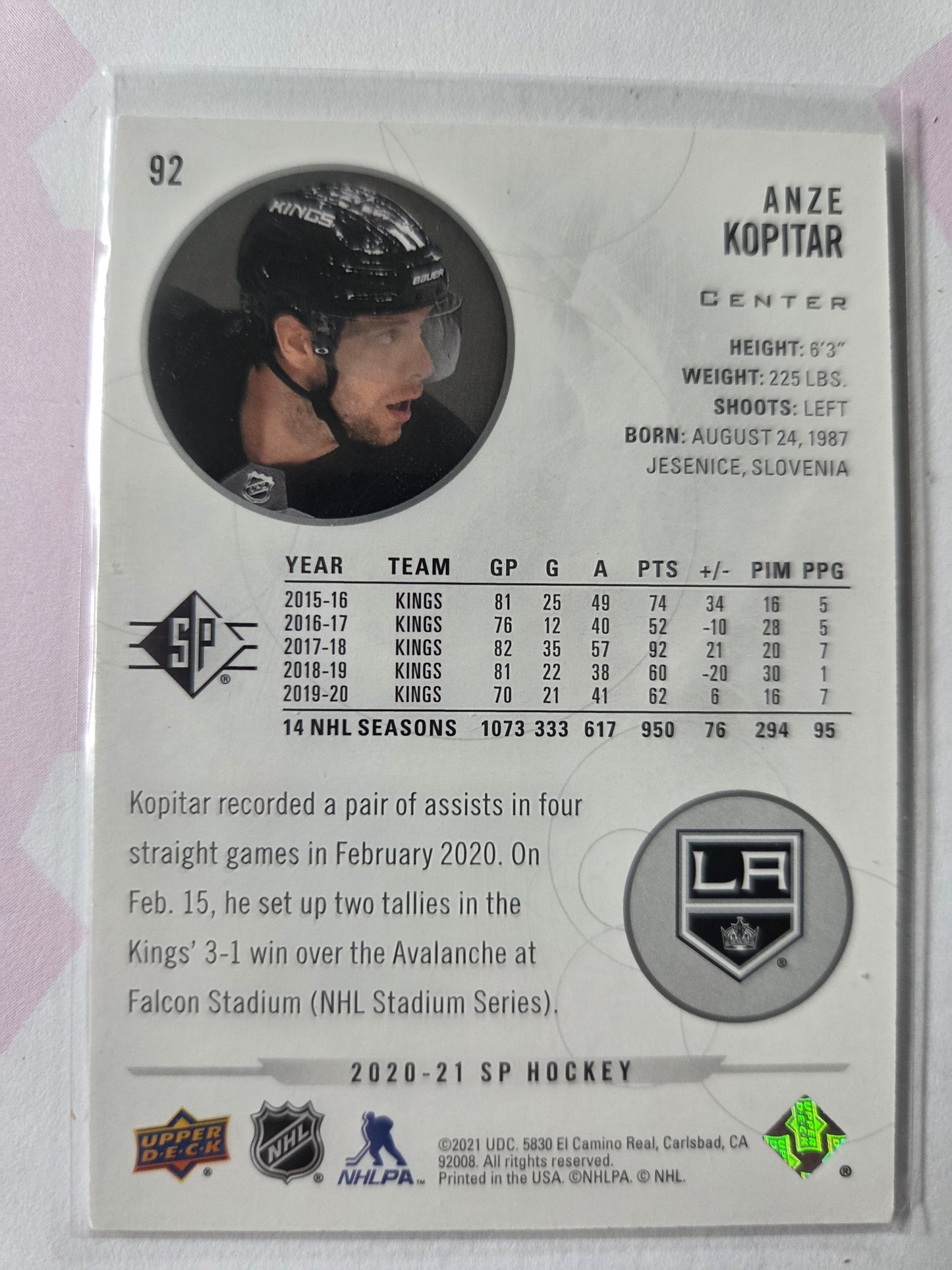 Anze Kopitar SP Hockey #92 [Los Angeles Kings]